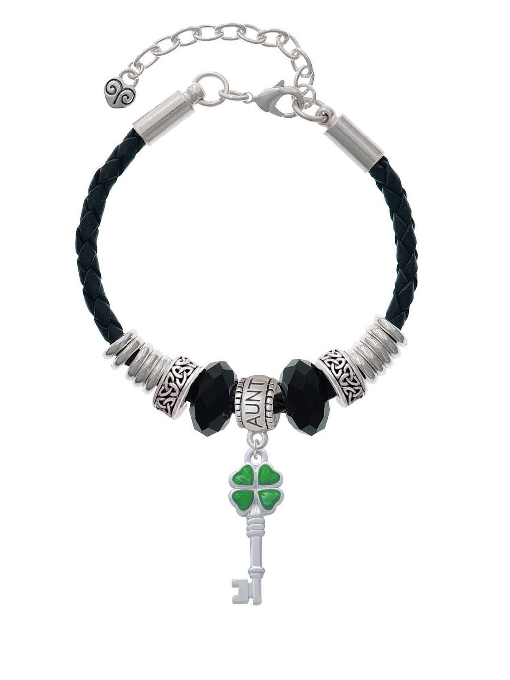 Bead Clover Aunt Key Green Lucky Delight Translucent Jewelry Celtic Knot Leaf Leather Extender Silvertone Four 7"+2" Bracelet,