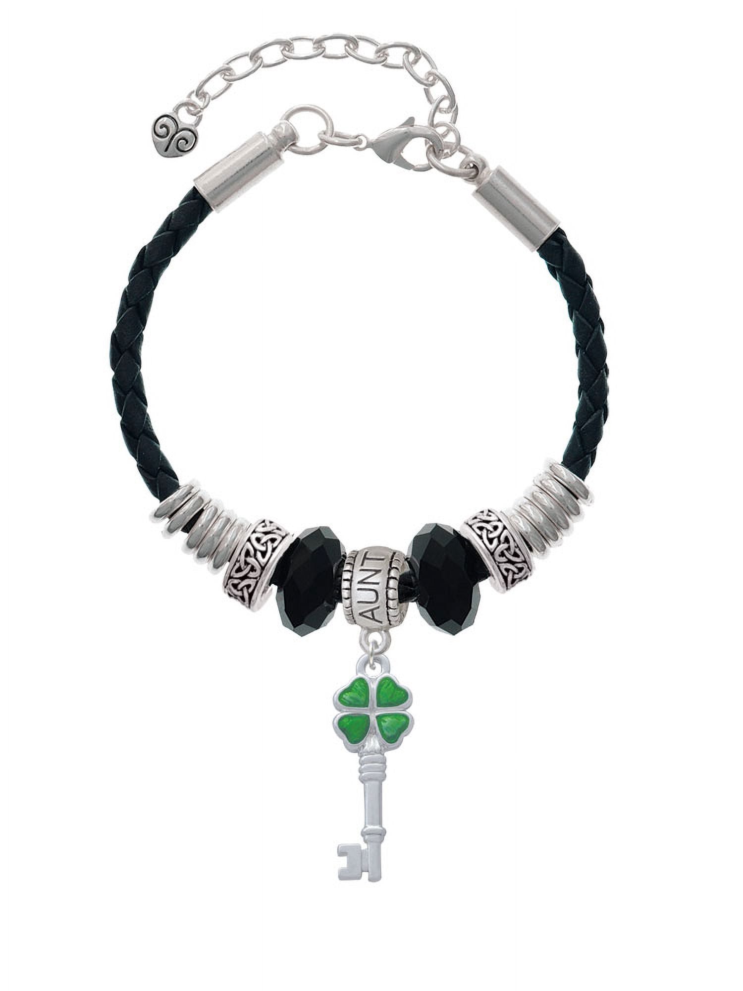 Bead Clover Aunt Key Green Lucky Delight Translucent Jewelry Celtic Knot Leaf Leather Extender Silvertone Four 7"+2" Bracelet,