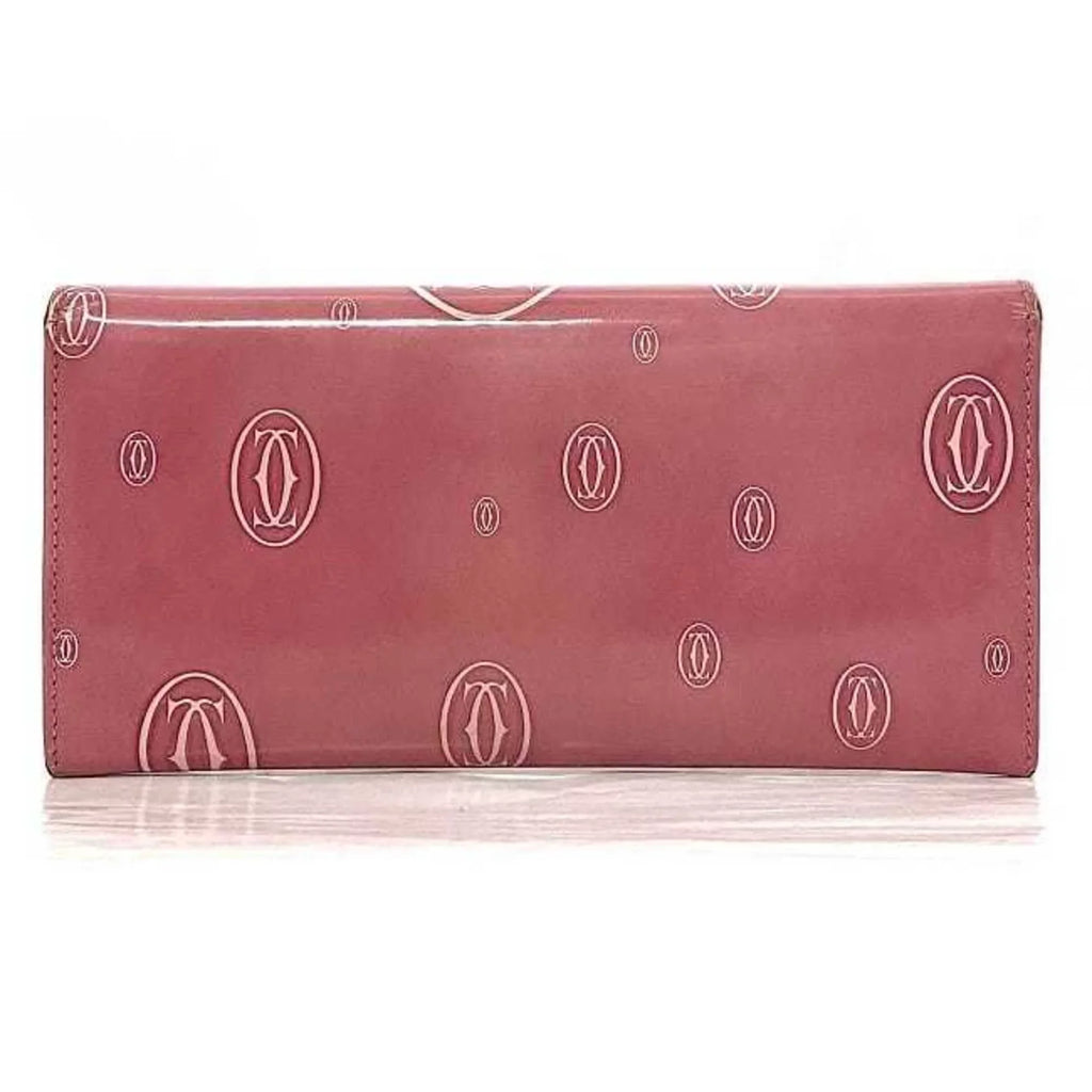 Long Ladies Leather Cartier Pink Bifold Wallet Pre-Owned L3000951 (Fair) 2C Happy Birthday Motif