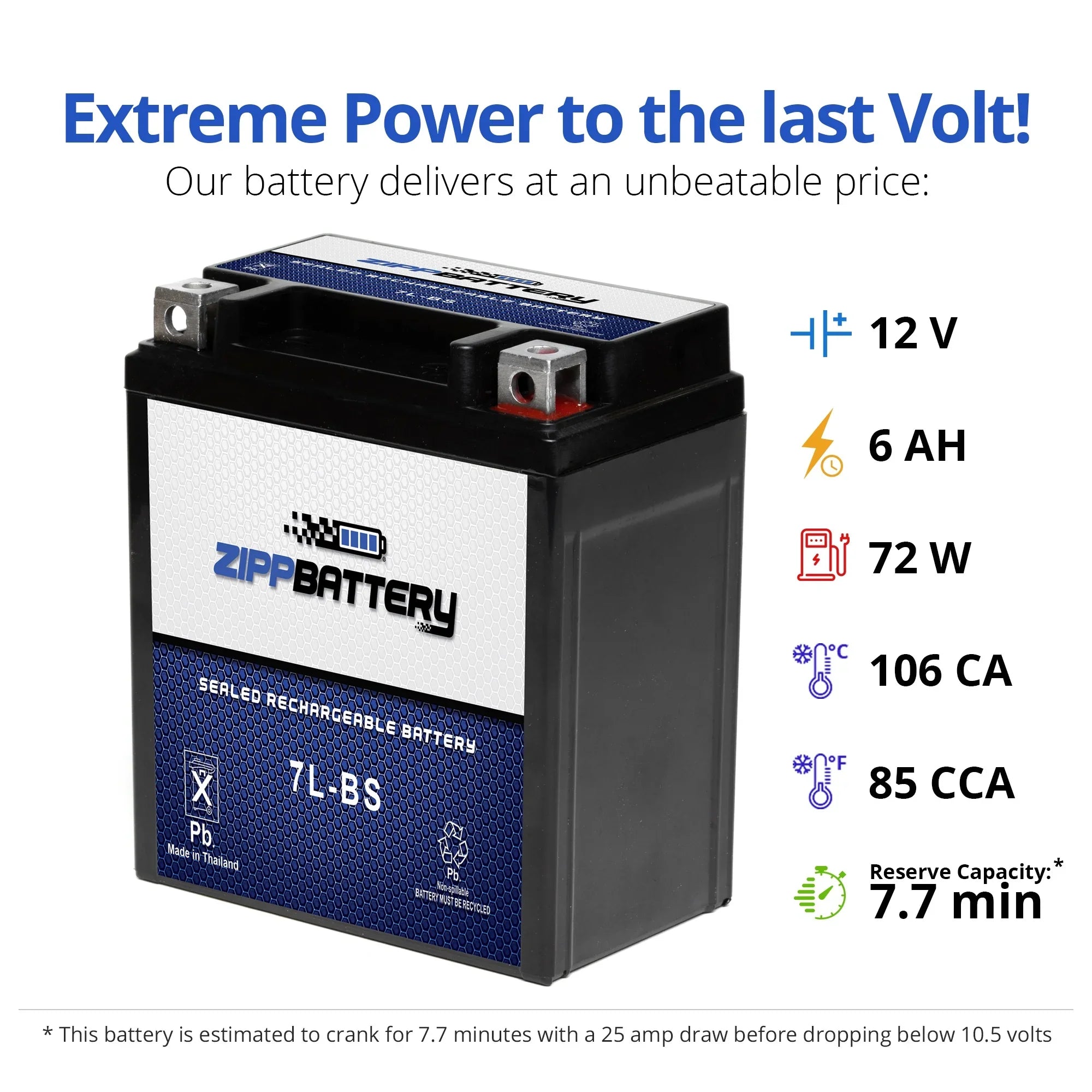 Ah, 1996 Ex250 12 YTX7L-BS CCA) Volt,6 (7L-BS Zipp Battery Kawasaki 75 Battery Ninja 250cc for Motorcycle
