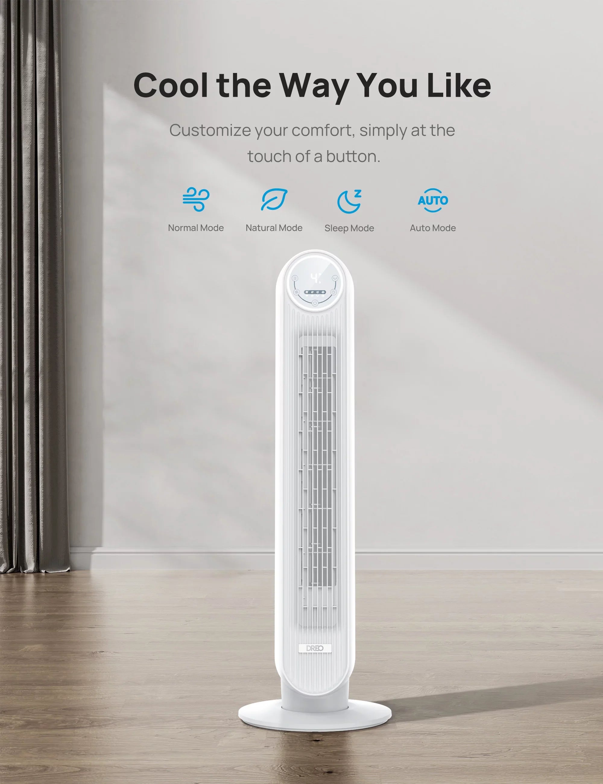 Tower Voice Fan, Dreo Smart Remote, 4 with Oscillating, 90° WiFi Speeds, Fan Modes, Timer，white Quiet 4 Control, 8H