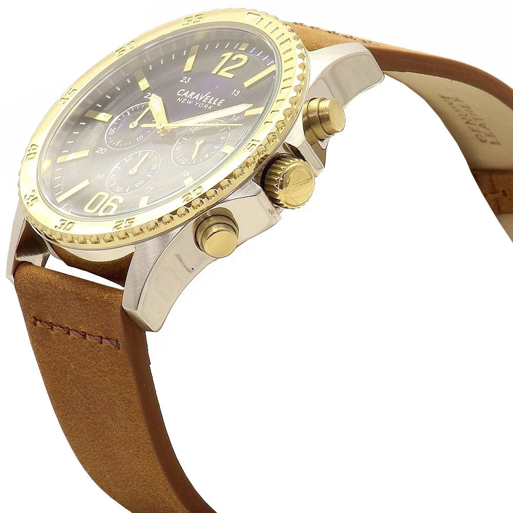 Brown 45A135 Dial Blue Men's Chronograph Leather Caravelle Watch Sport Strap