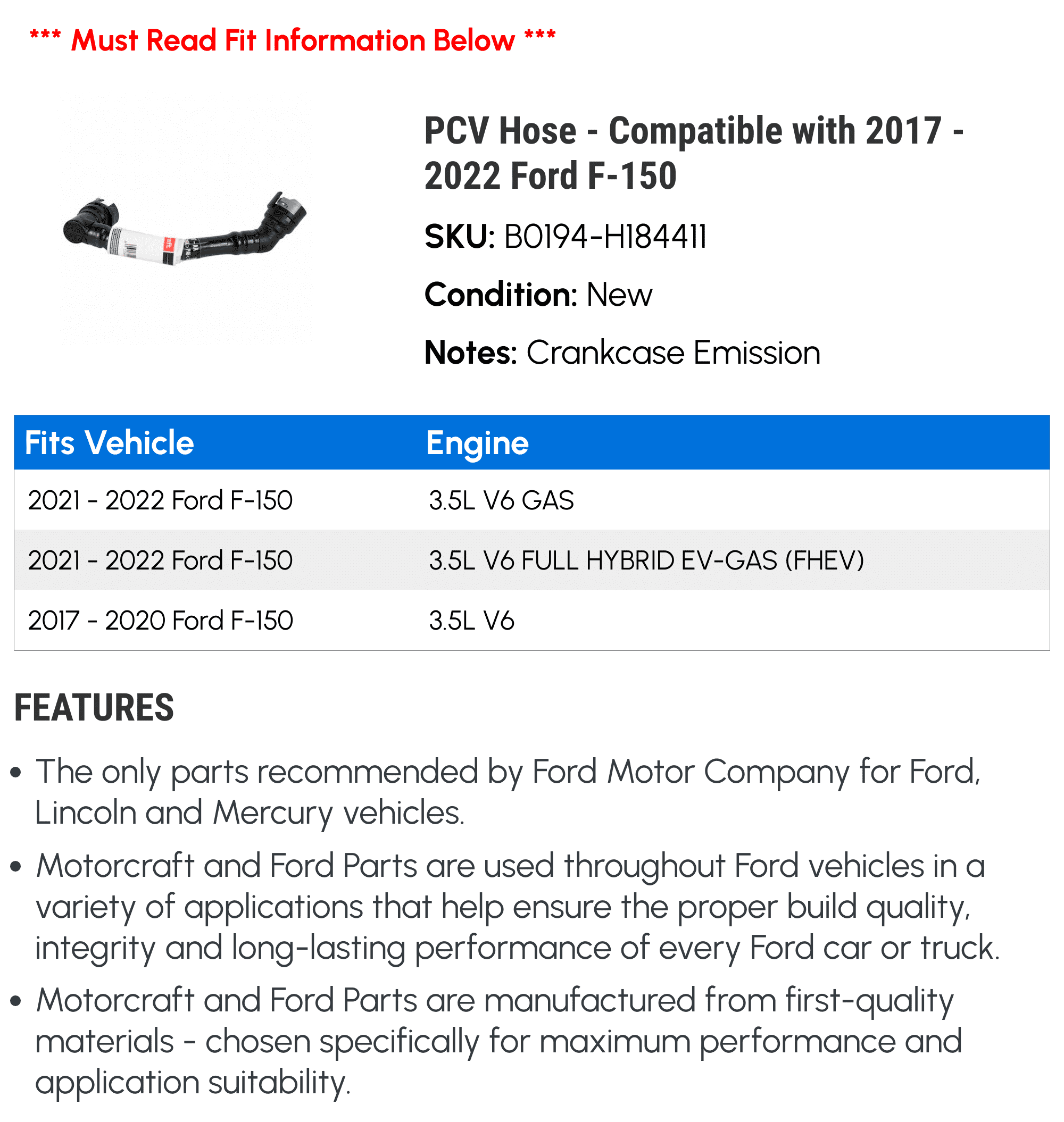 PCV 2022 2017 2021 2019 2018 with F-150 - 2020 Hose Compatible -