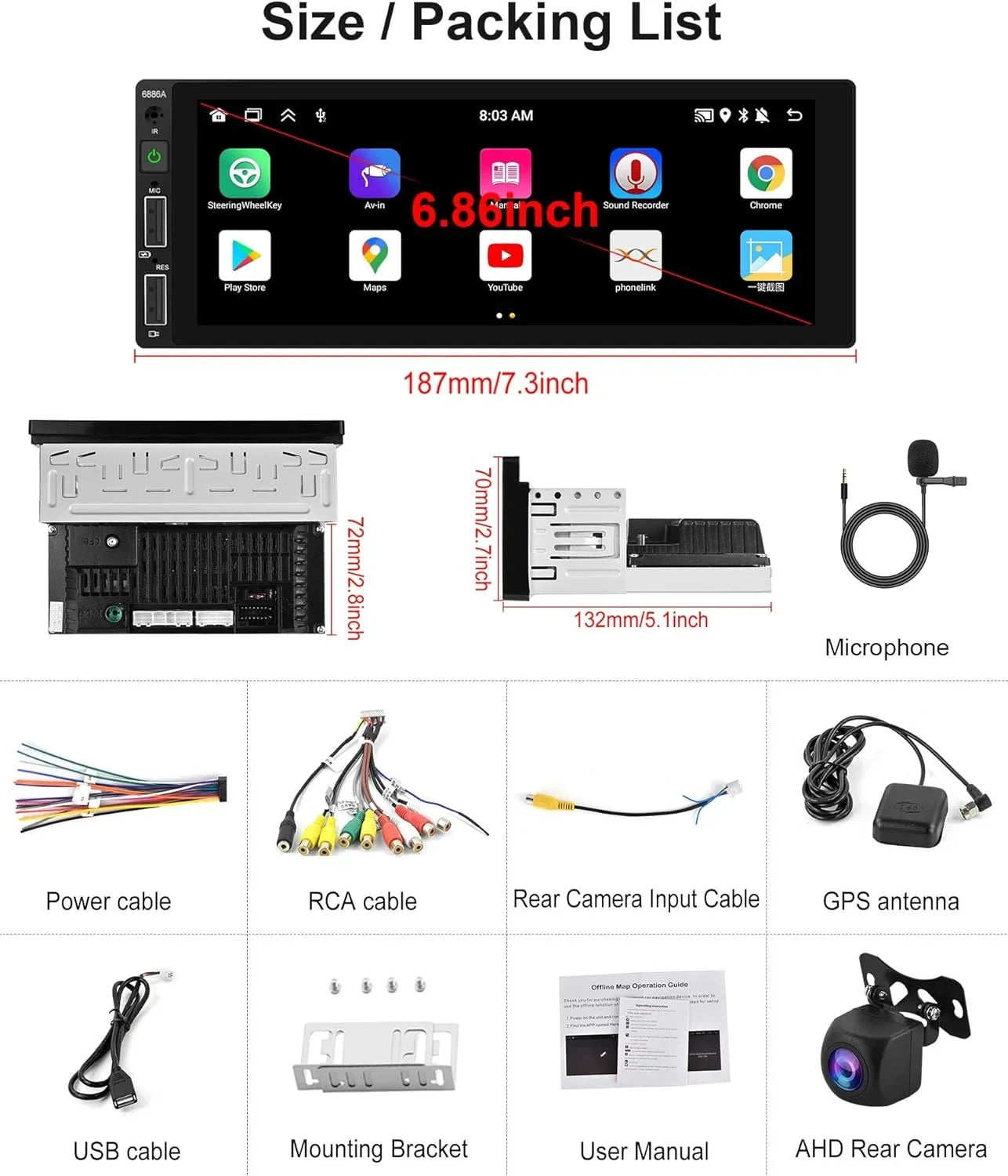 Carplay 2G+32G Car Radio Din Android Auto 6.86 GPS Dash podofo Unit Bluetooth Backup in Touch HD Wireless Stereo HiFi THONZER Camera WiFi Audio Car Screen Head Android Single inch Subwoofer with