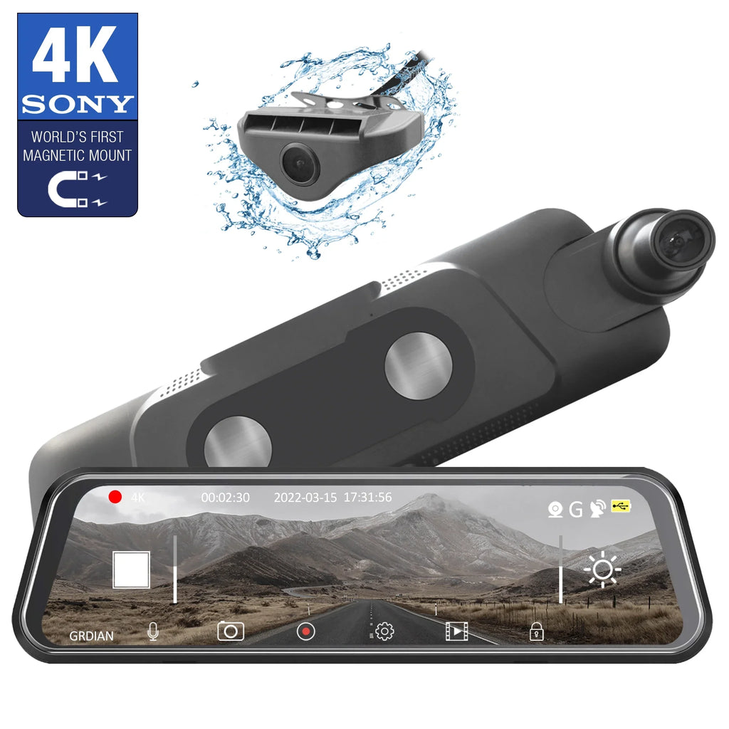 Mode, Rear, Mount GRDIAN Arc4K Rear-View Design Seamless Touchscreen, Magnetic and Camera, Front 10" Parking Mirror Dual-Channel