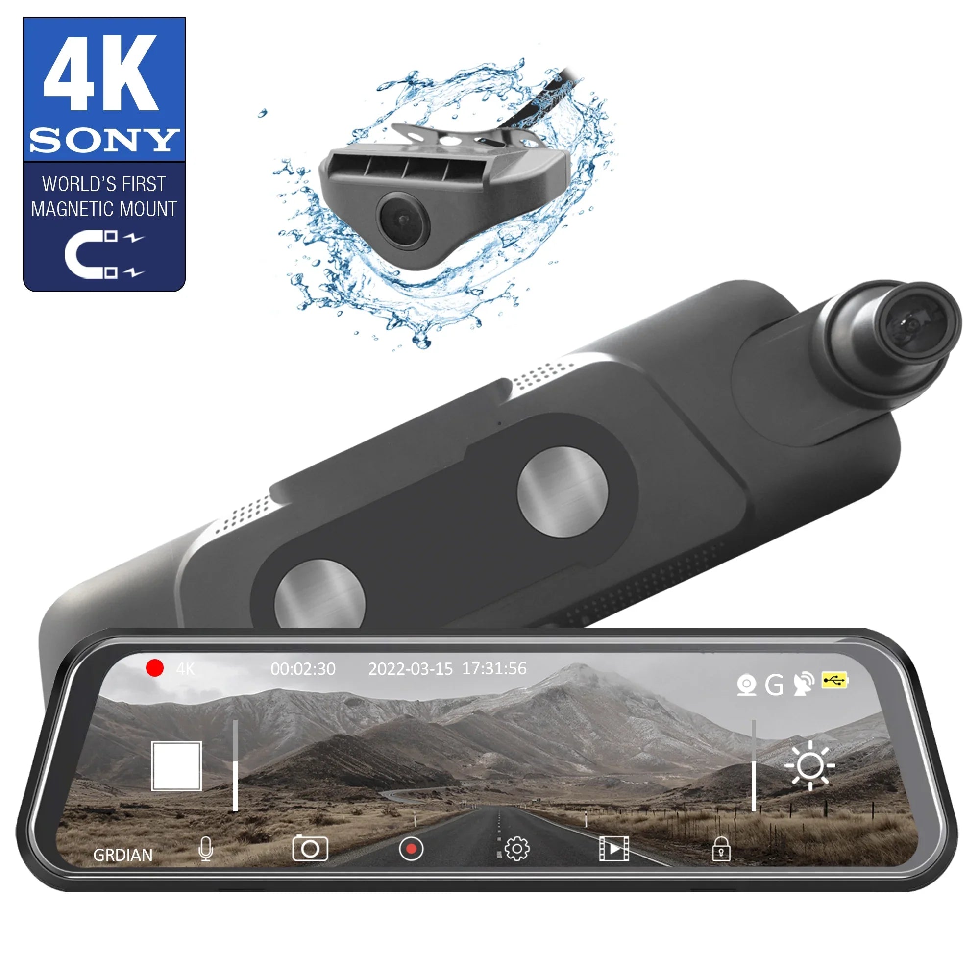 Mode, Rear, Mount GRDIAN Arc4K Rear-View Design Seamless Touchscreen, Magnetic and Camera, Front 10" Parking Mirror Dual-Channel