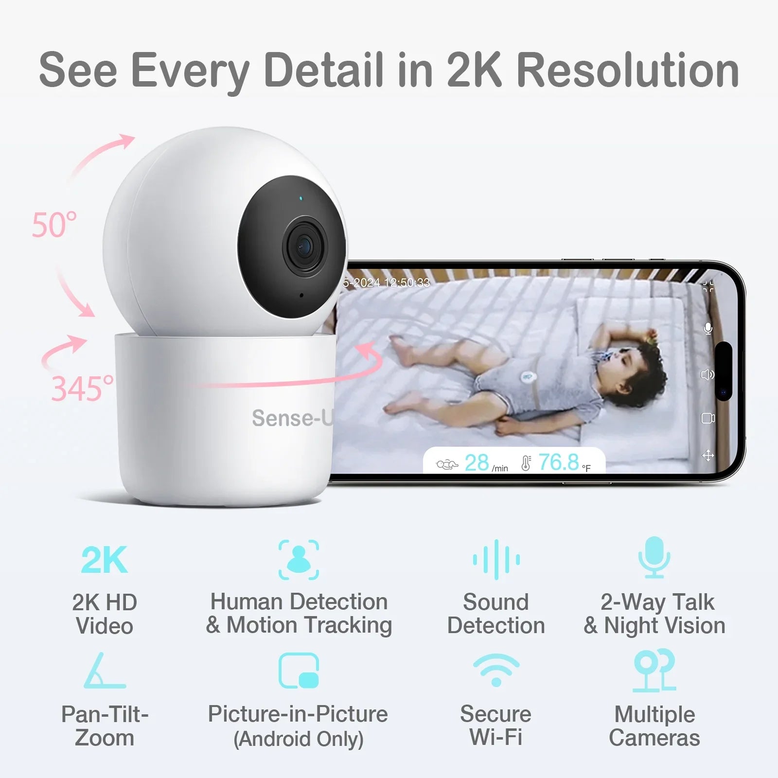Pan-Tilt-Zoom, Background with Smart 2-Way Video Zone Activity Crying 2K Sense-U Vision, Talk, Sound/Motion Fee, Eligible) No Detection, Night Monitor(FSA&HSA Audio, Person/Baby Monthly Baby