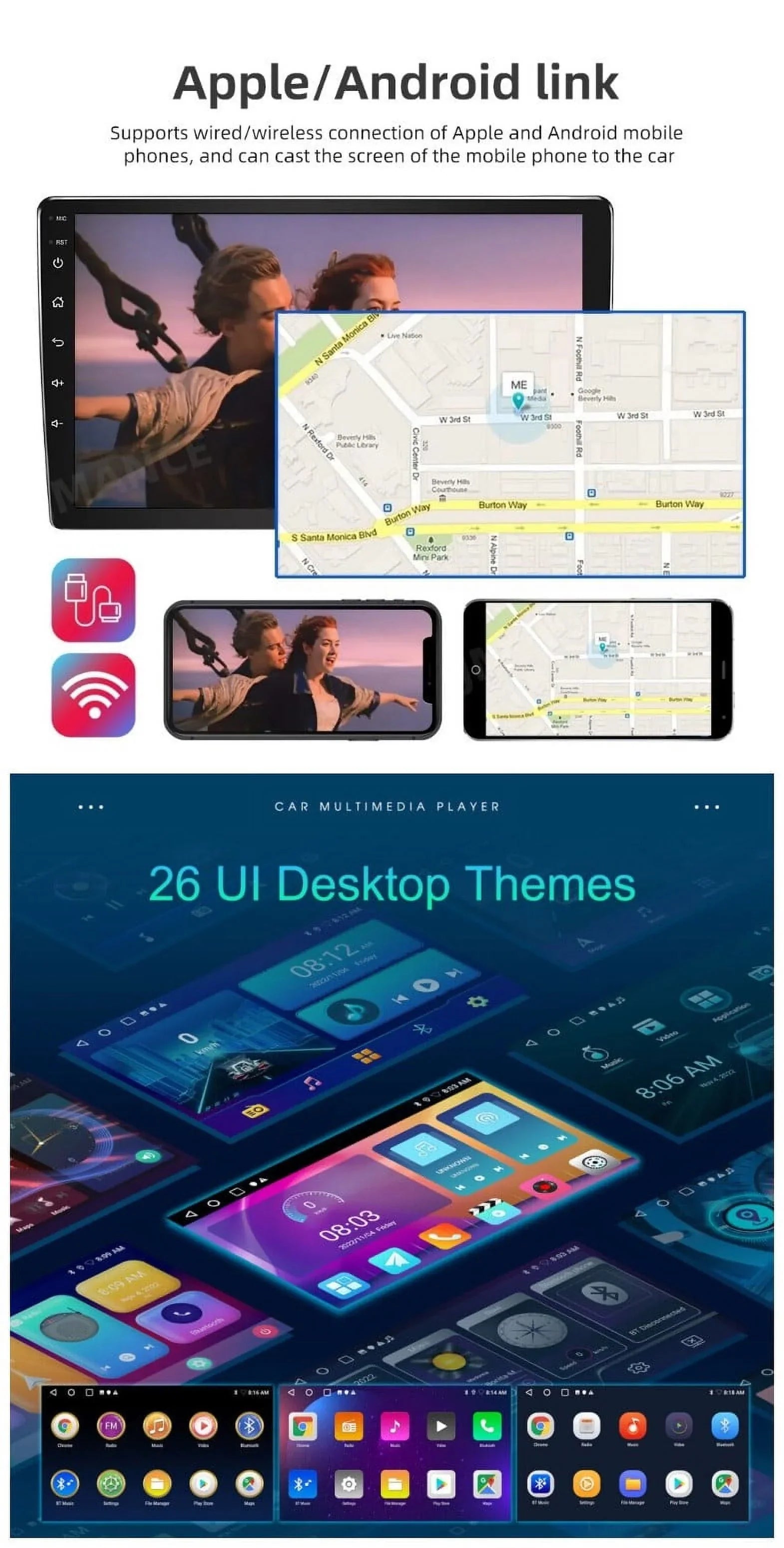 2+32GB Receiver Din Car 1280*720 10.1" WiFi Android Carplay USB Backup Android IPS AHD Stereo Bluetooth Radio Wireless Auto Navigation Double GPS Screen FM/RDS Camera
