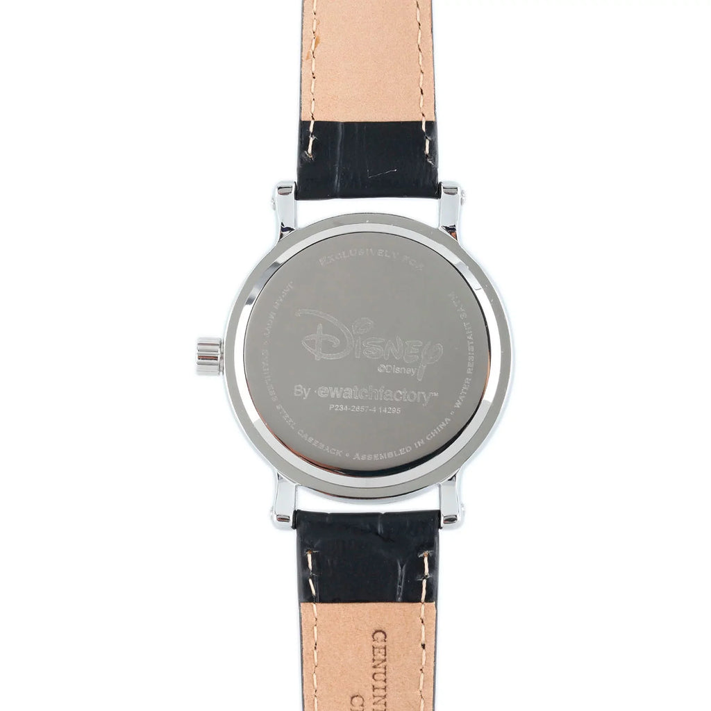 Shinny Case Black Articulating Women's Strap Vintage Silver Watch, Leather Alloy Mouse Minnie