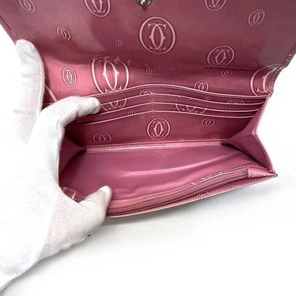Long Ladies Leather Cartier Pink Bifold Wallet Pre-Owned L3000951 (Fair) 2C Happy Birthday Motif