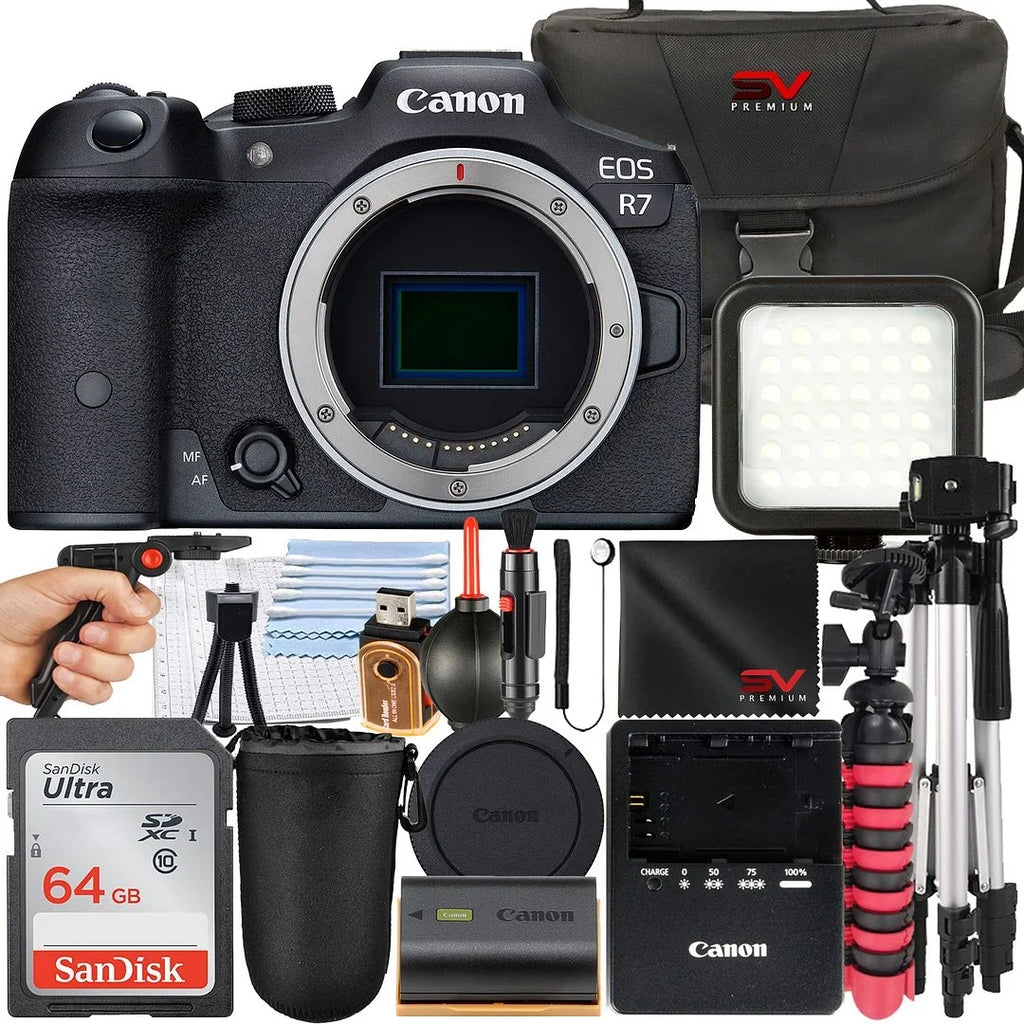 Bundle Case Canon R7 (Body Accessory with EOS Card Camera Only) Mirrorless Premium Tripod SV 64GB Memory SanDisk + + +