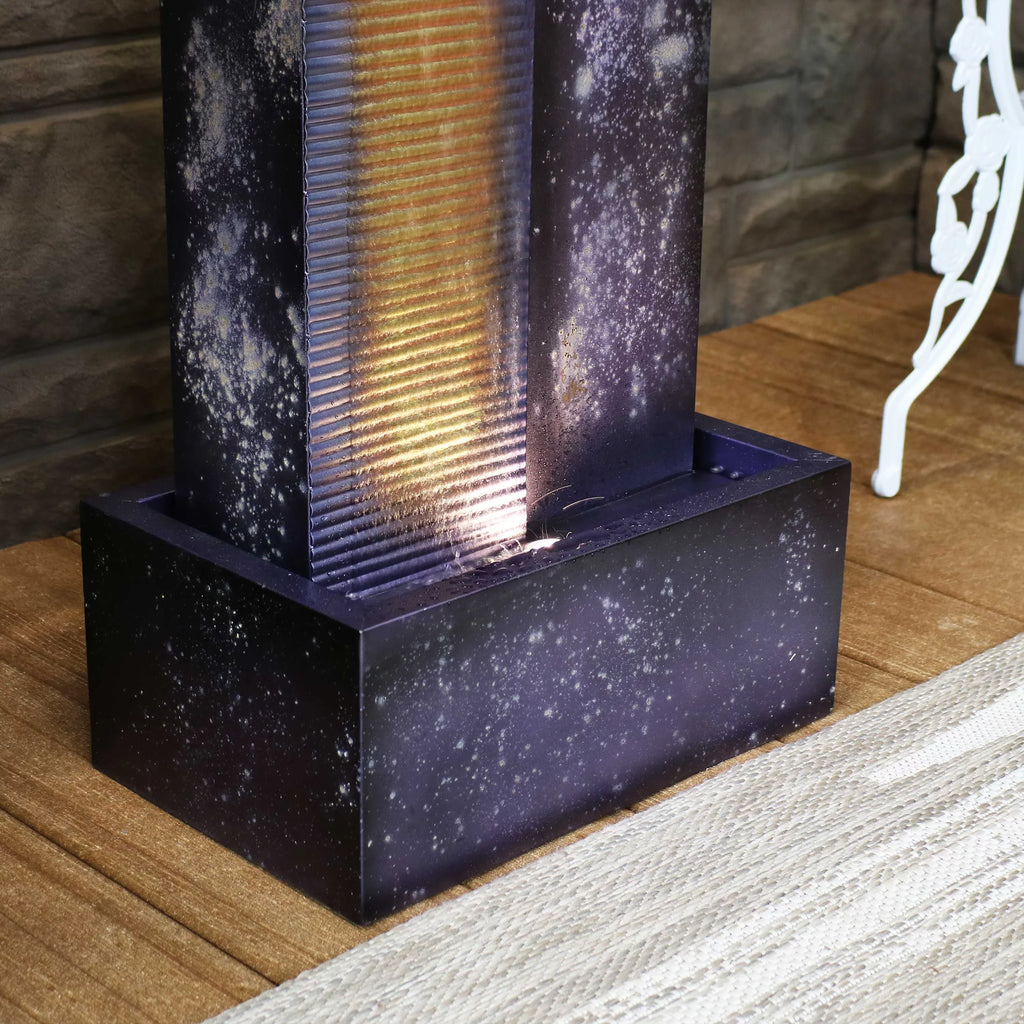 with exterior Metal Tower LED Lights Cascading - 32" Sunnydaze Fountain
