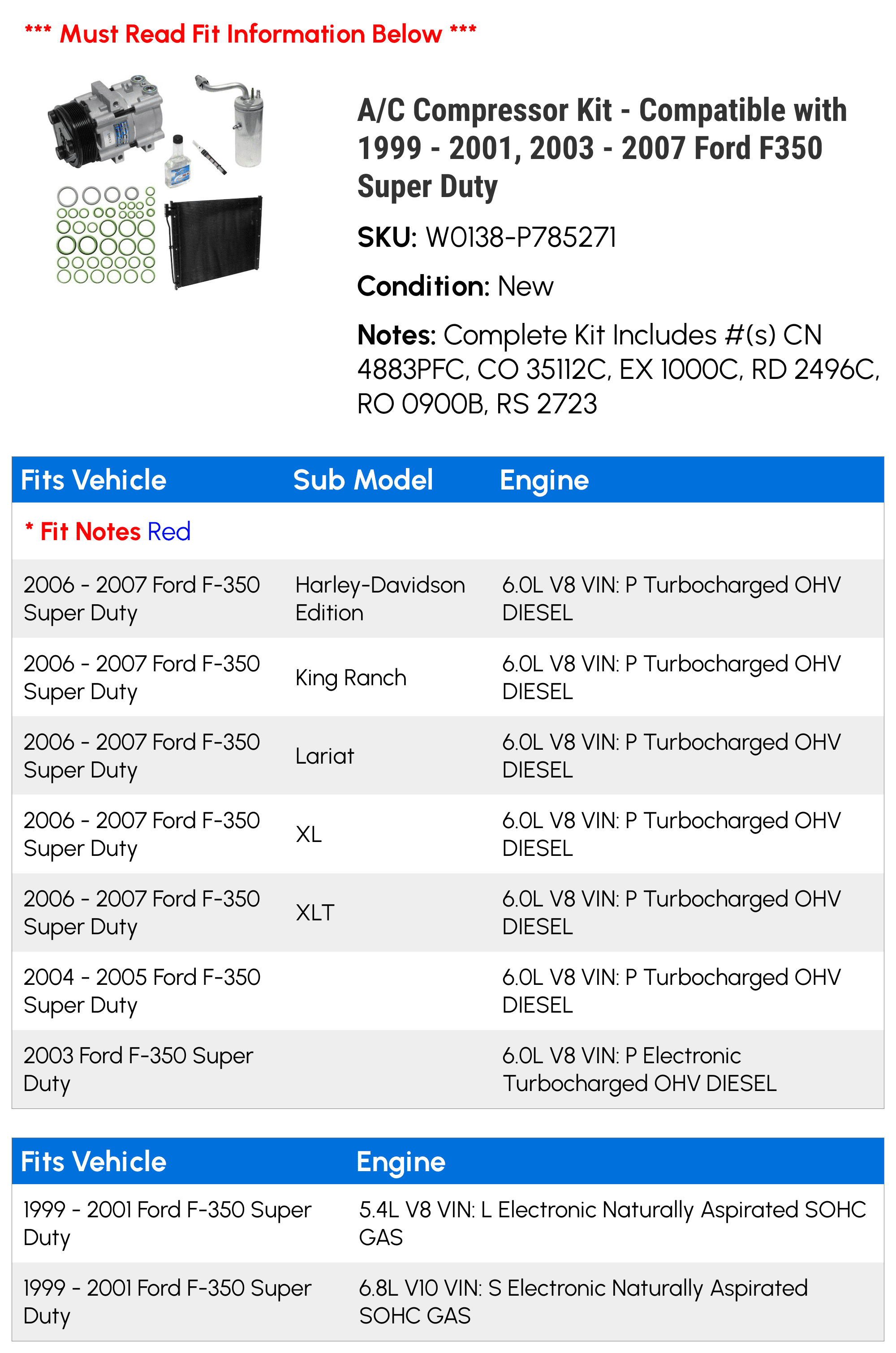 Kit 2006 - 2005 2000 1999 F350 - - Compatible with Duty 2001, A/C 2007 2003 Compressor Super 2004