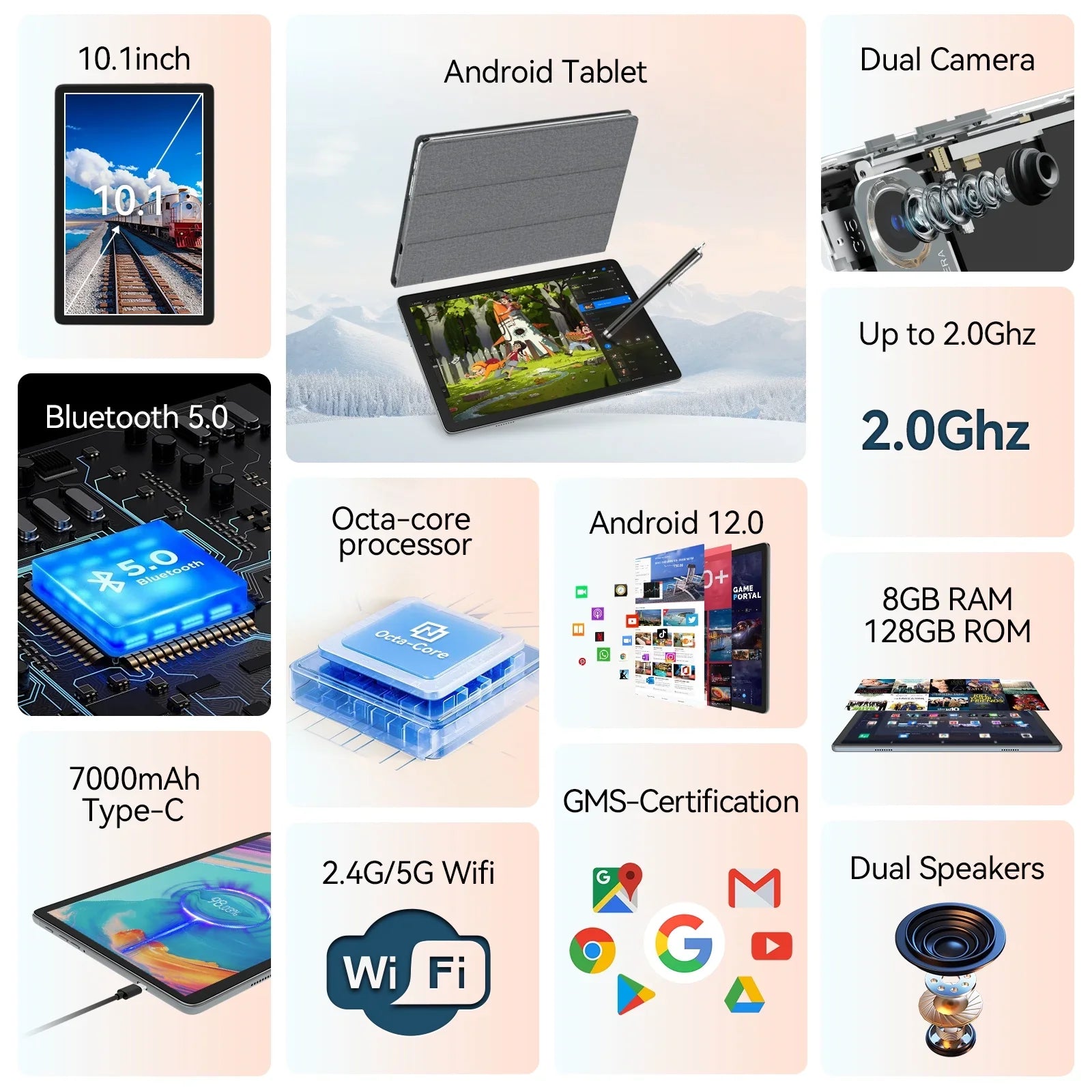 Processor,2024 Newest Tablet 10.1 Android Keyboard ROM Mouse inch WiFi Tablet,8GB Tablet,1TB 12.0 RAM Expandable,Octa-Core Wireless Stylus,5G Tablet Tablet Storage,Android 128GB Case with