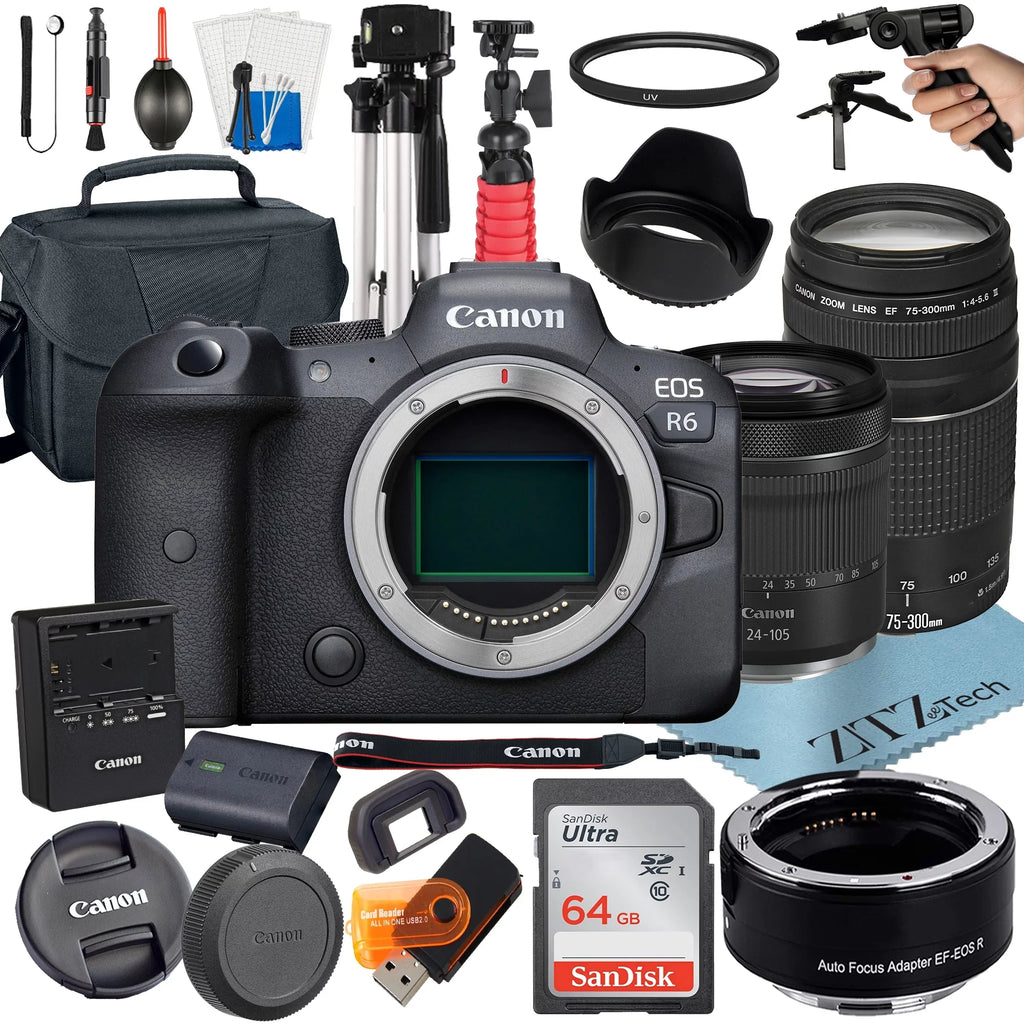 R6 64GB Mount + 75-300mm Mirrorless STM 24-105mm Accessory + with Lens Camera ZeeTech RF + Adapter EOS + Canon SanDisk