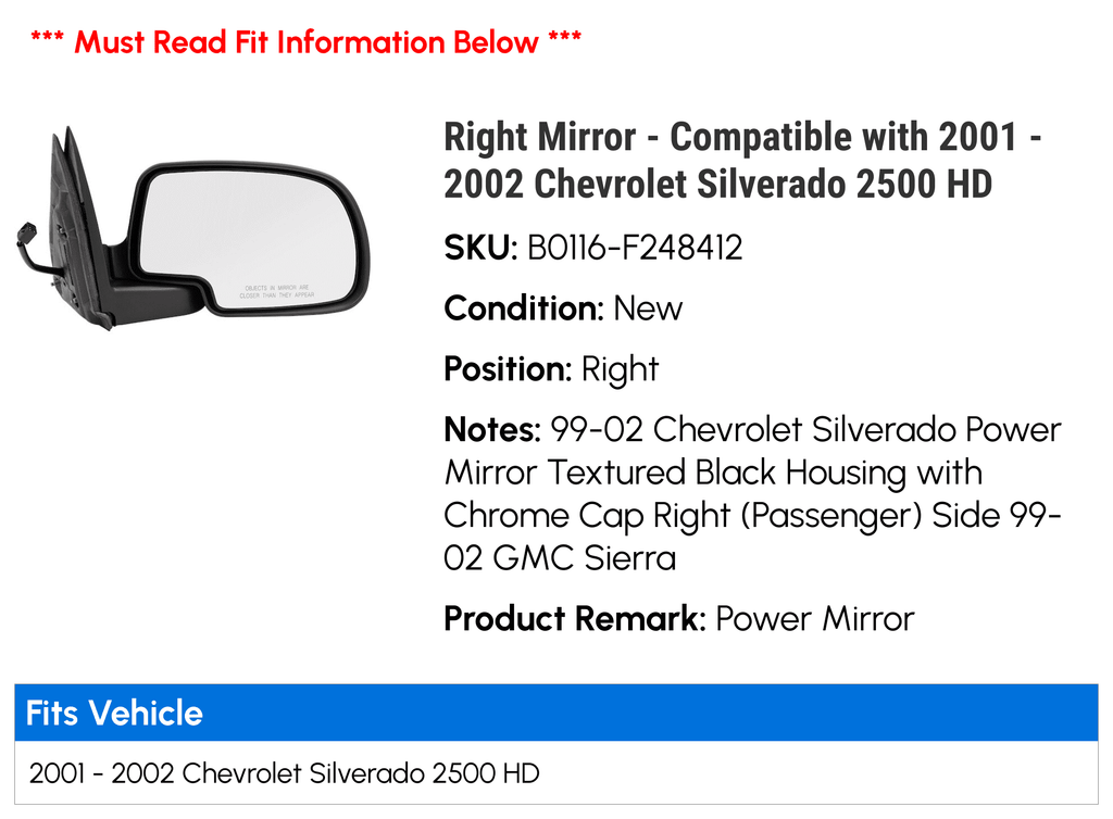 Mirror Compatible 2002 Silverado Chevy HD - 2001 - with 2500 Right