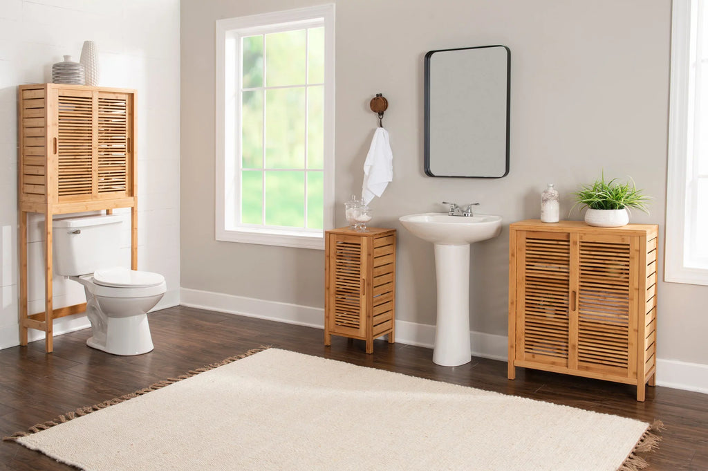 Storage Floor Bracken 3 Door Shelf Bathroom Cabinet, Bamboo Linon 2