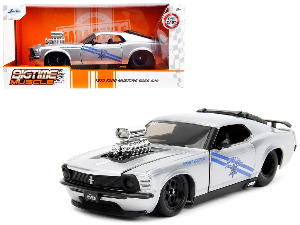 Car Drag 1/24 Trooper Mustang - Jada Metallic Highway Diecast Boss Drag by 1970 Muscle Series Model Bigtime 429 Silver