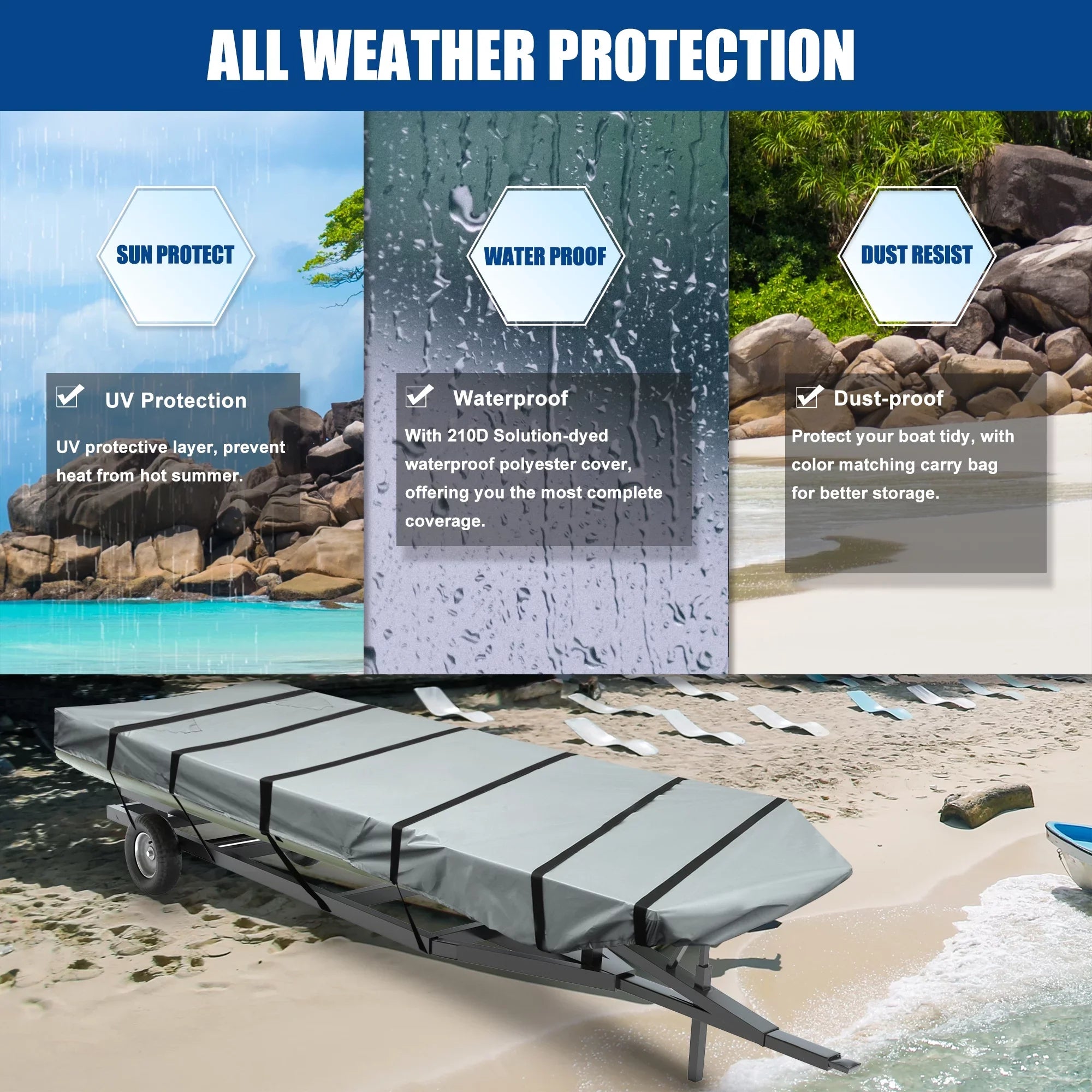 Set Air Polyester Resist Unique Boat Waterproof Gray 210D Sunshine Vents Cover Bargains 12"-14"x56" Boat Cover 1 Jon