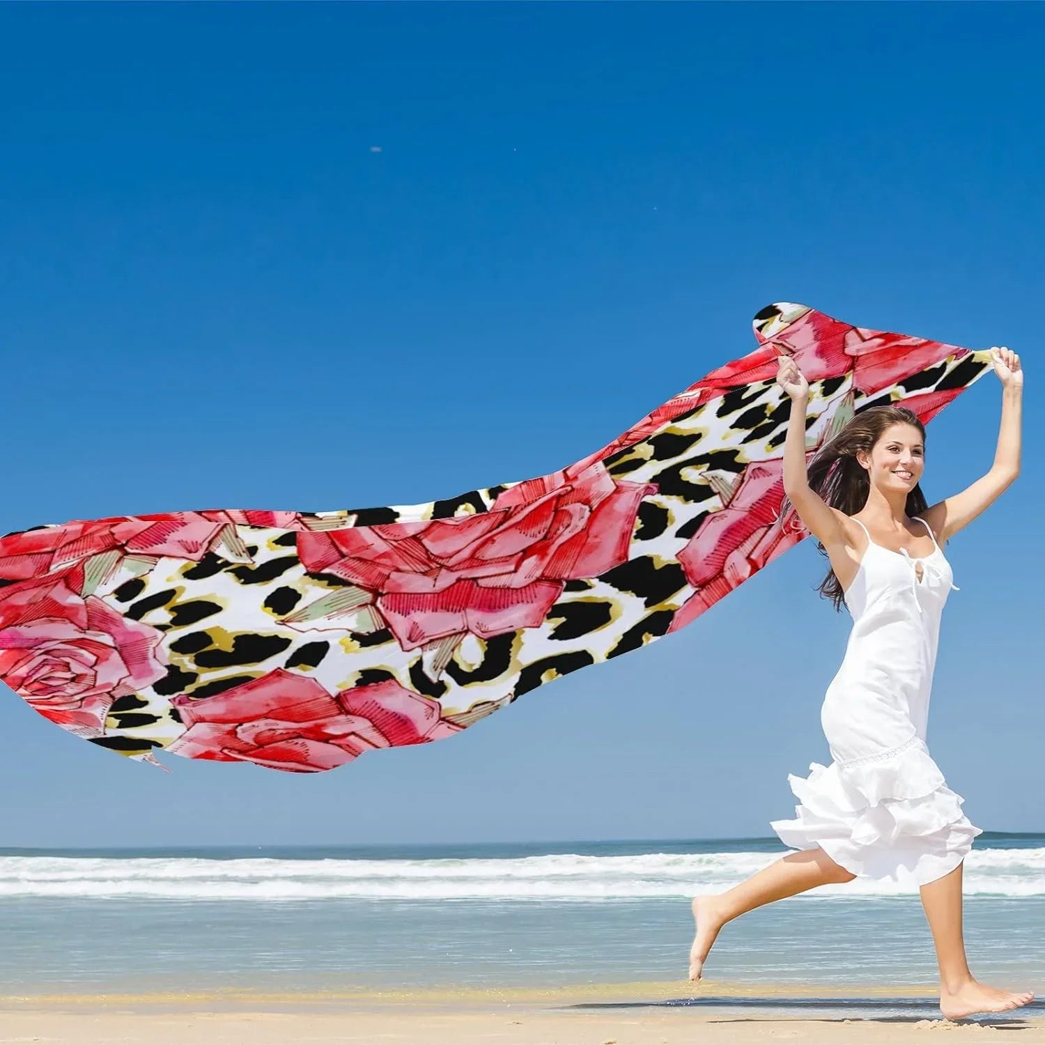 Long Girls Wrap Red Women Scarves Scarf Hyjoy Silk Neck Lightweight Watercolor Print Roses Shawl for