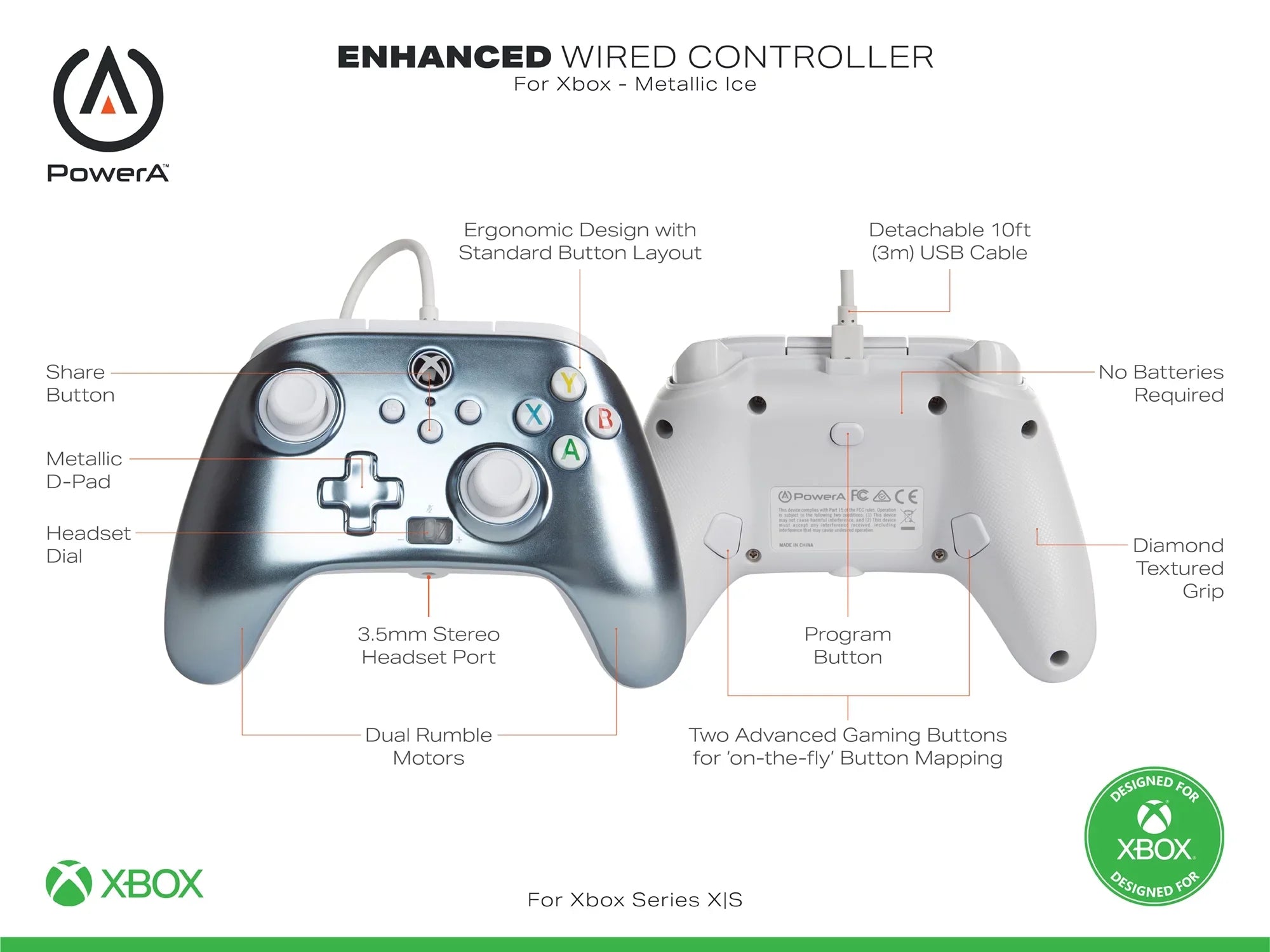PowerA Controller Xbox Series Metallic Wired Ice X|S - Enhanced for