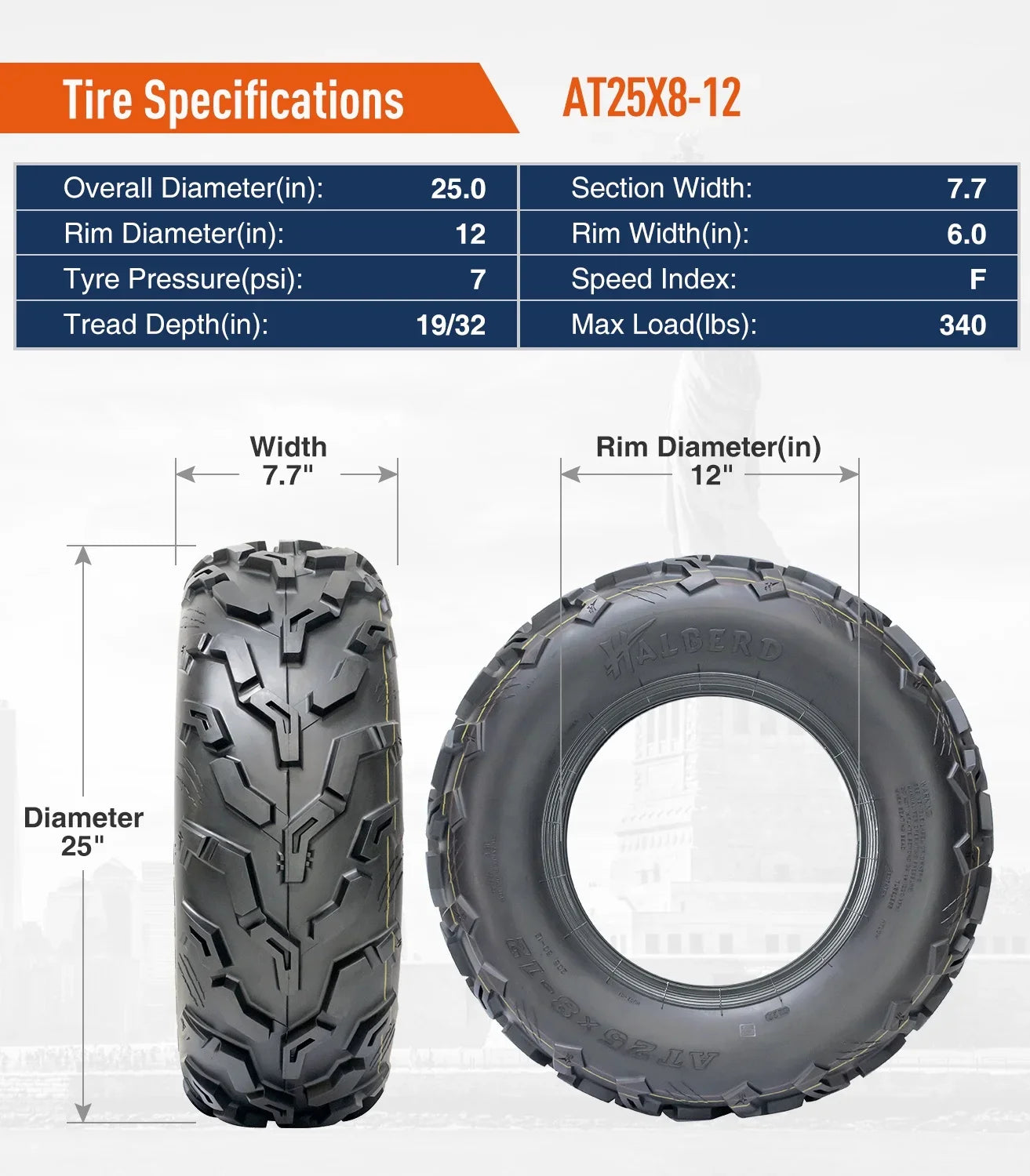 6PR Set 4 Tire Trail Front Rear Sand Tires All of ATV/UTV & Terrain 25x8-12 Road 25x10-12 off HALBERD