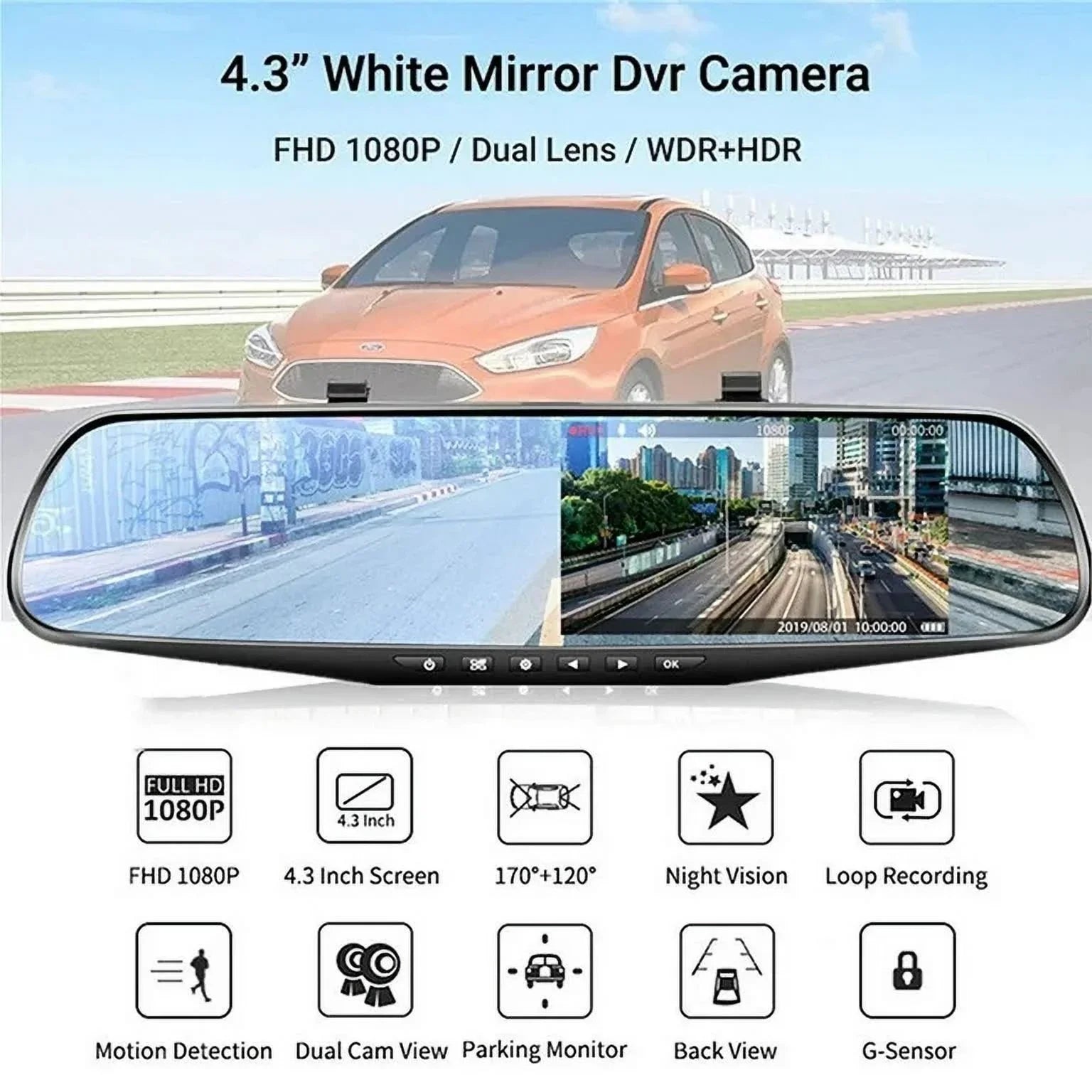 Lens 4.3" Pack for Night Monitor, 1080P Angle Detection,G-sensor Trucks,170°Wide Cars Car Front Car DVR Camera Cam Cam Vision,Parking 1 Monitor,Motion Dual Dash Rear Rearview Mirror