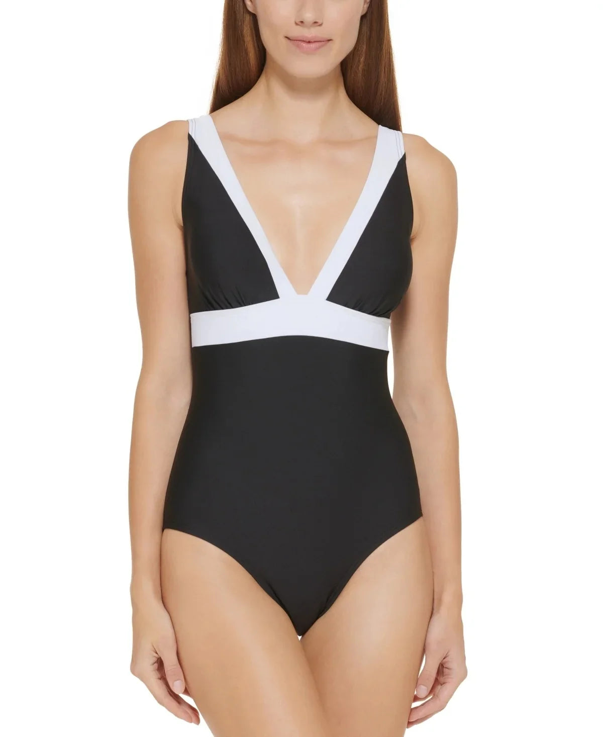 Swimsuit, US 10 DKNY Colorblocked Plunging One-Piece BLACK