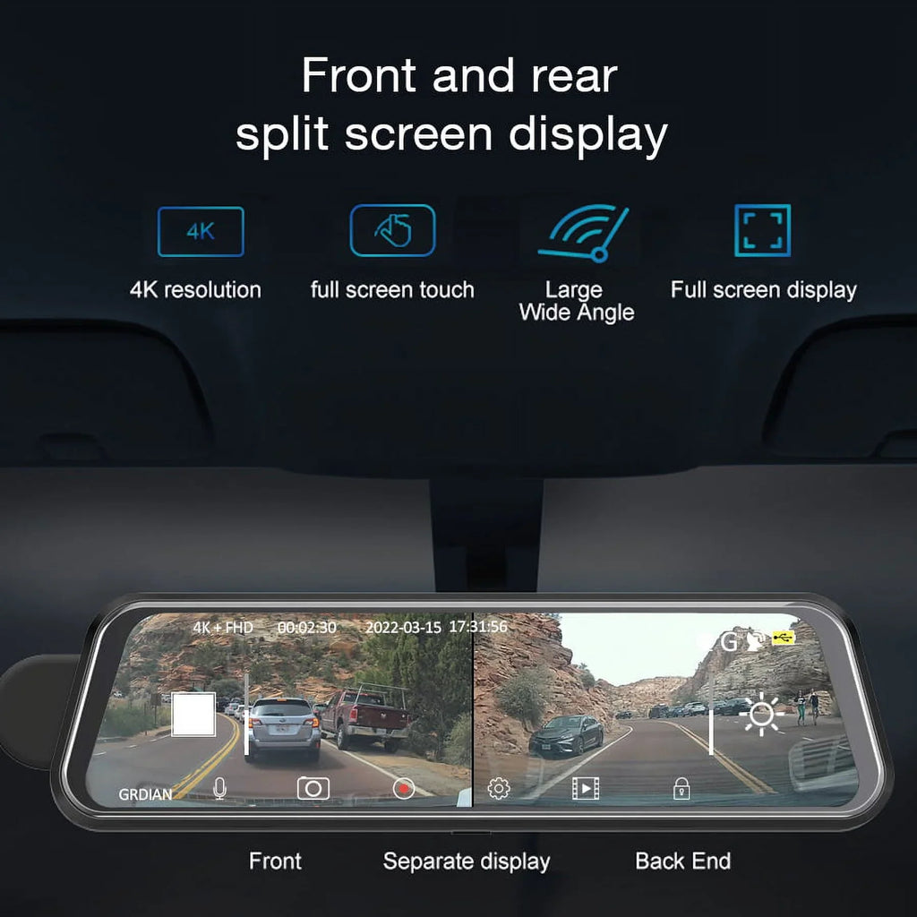 Mode, Rear, Mount GRDIAN Arc4K Rear-View Design Seamless Touchscreen, Magnetic and Camera, Front 10" Parking Mirror Dual-Channel