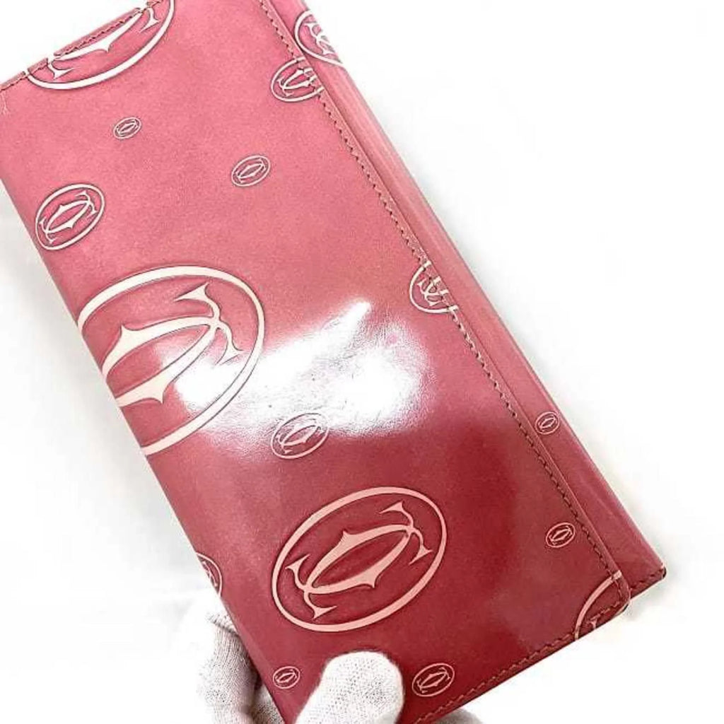 Long Ladies Leather Cartier Pink Bifold Wallet Pre-Owned L3000951 (Fair) 2C Happy Birthday Motif
