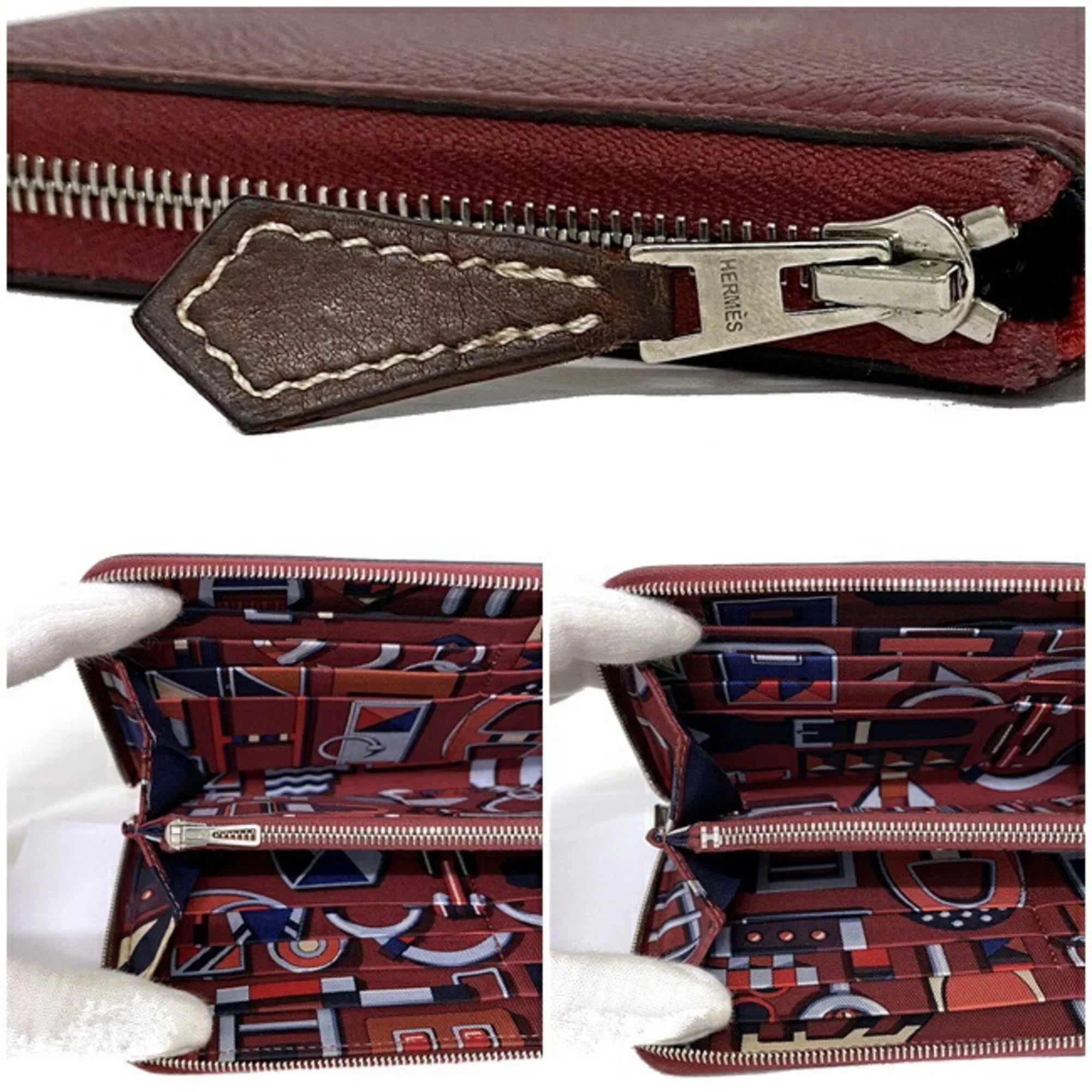 Silk Leather Glenat Rouge Azap In HERMES Long Ladies Pre-Owned Wallet Bordeaux Hermes (Good) Epson Round