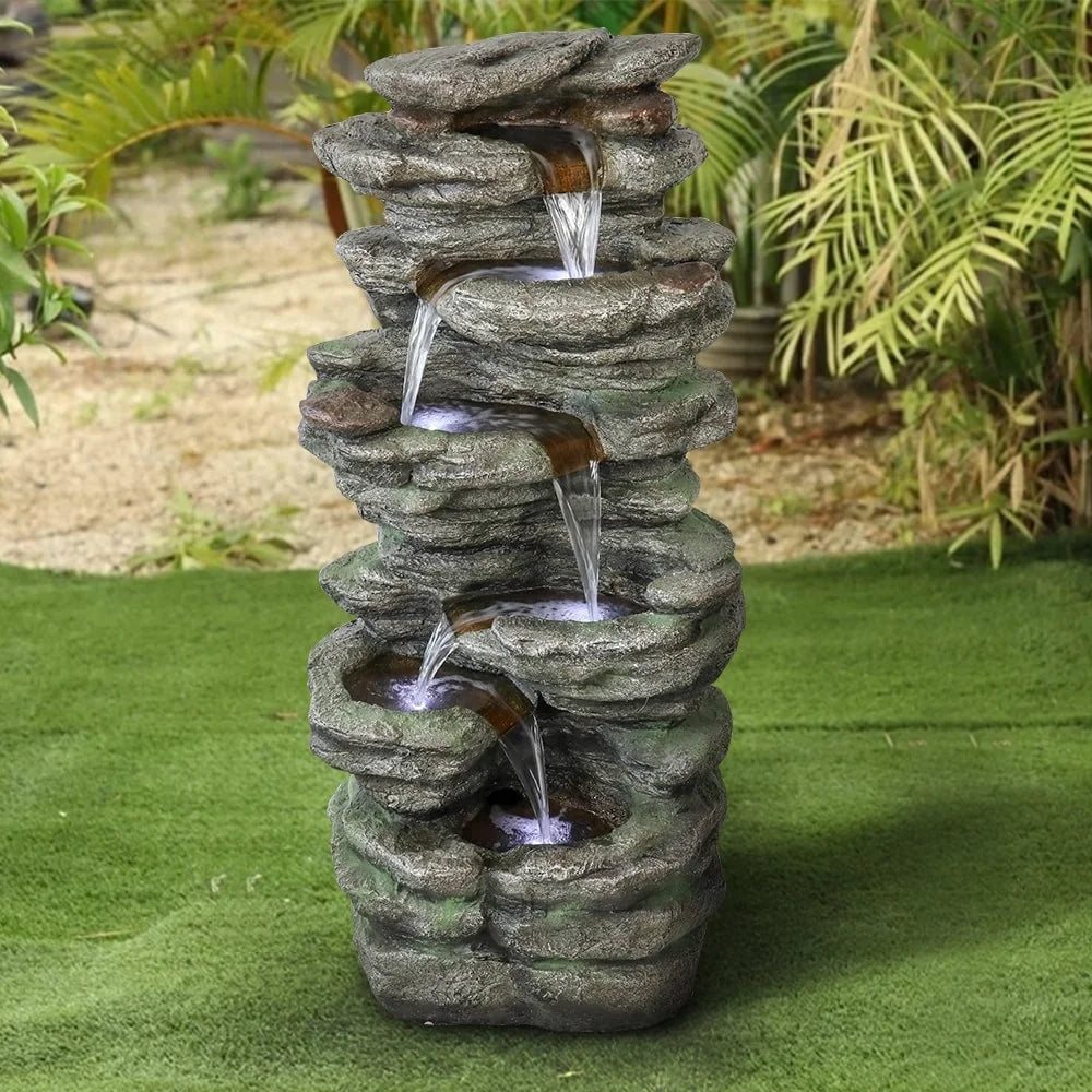 40''H Polyresin Meedzom Garden Fountain Lighted exterior Decor Floor Natural LED for Fountain Patio liquid