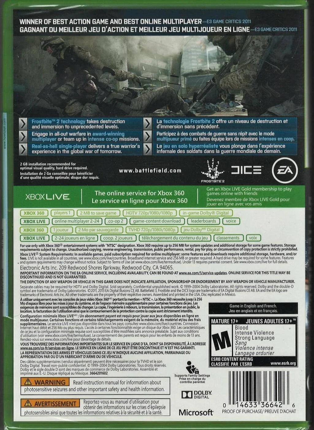Xbo-0014633197372 Factory (Brand Hits) Battlefield 360 Version) US 3 (Platinum Xbox Sealed New