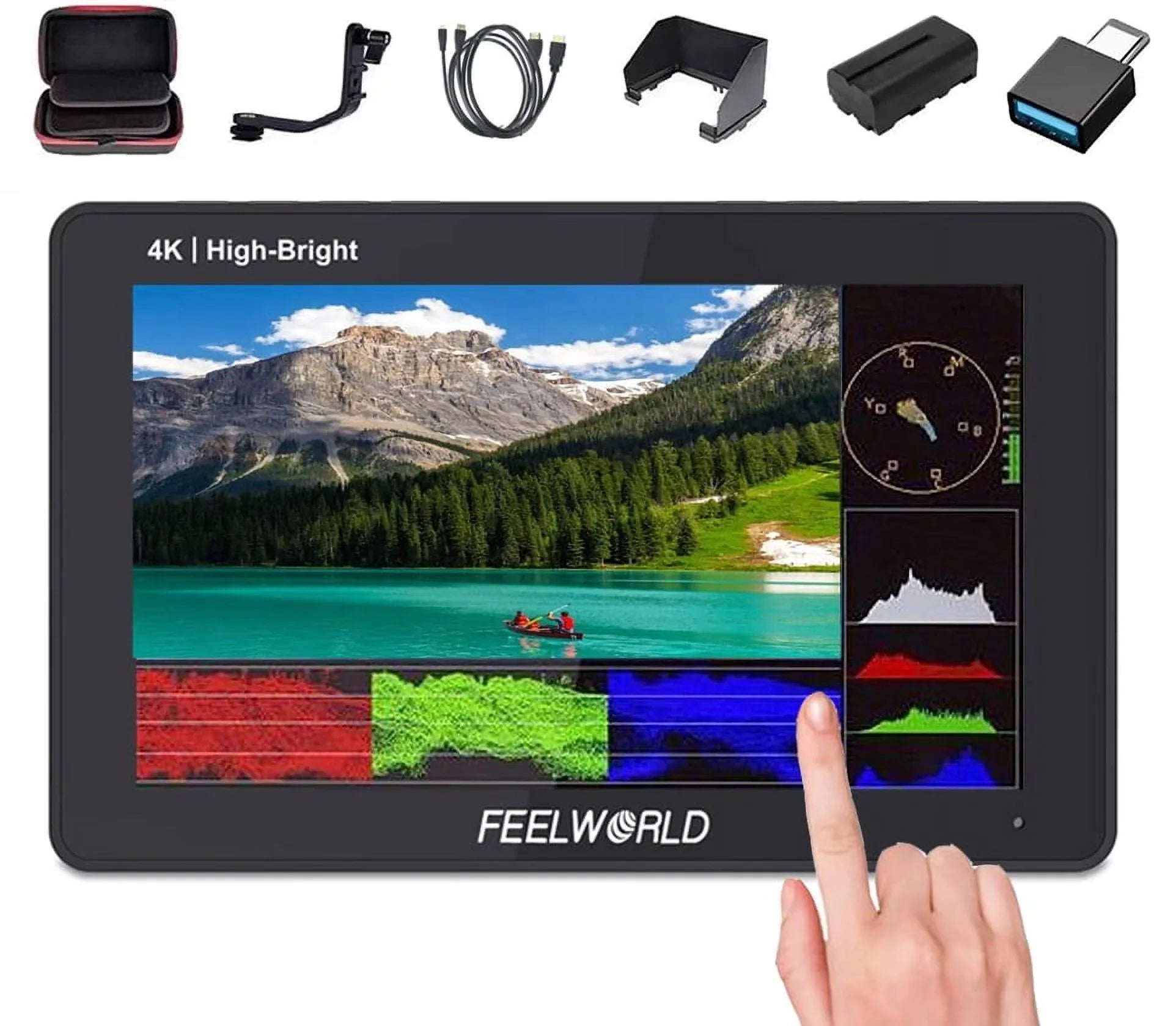 1920x1080 5.5 Inch FHD 4K 3D DSLR with External Camera +Carry Wireless Pro Power Case for F970 Field Monitor F6 LUT Touchscreen HDMI Install Kit 1600nits Transmission +Battery FEELWORLD