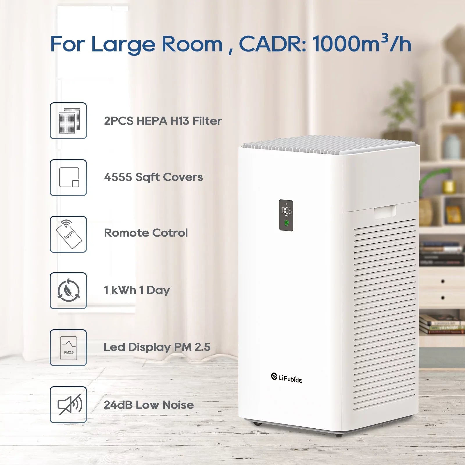 Removal 99.99% HEPA,4555 Air 0.01 For Lifubide True Coverage,24dB Room H13 Of Microns Dander、Smoke、Odor、Dust， Purifier, Pet Purifier Low Sq.Ft PM2.5 Air Particles, Smart Noise Bedroom, Monitor, Large