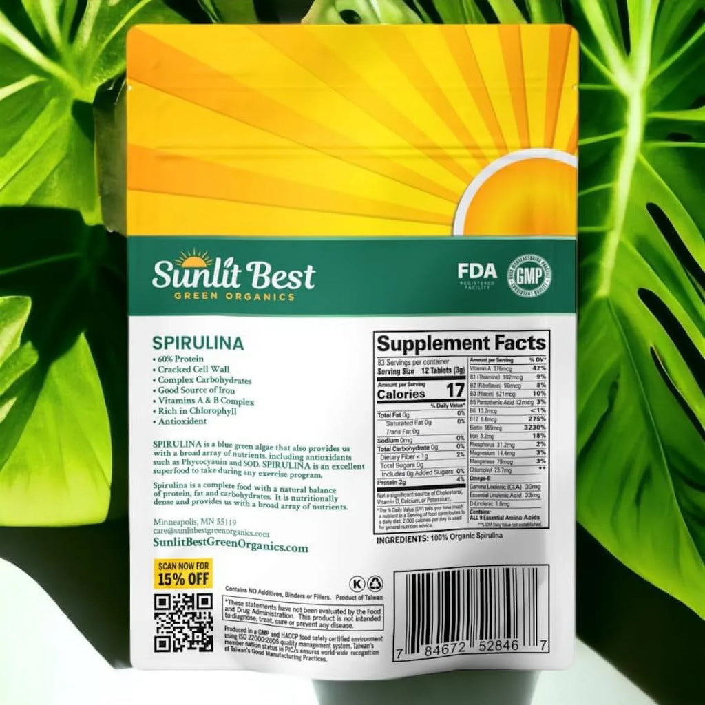 Vegan Sunlit Best Support, - USDA Protein Spirulina Supplements Organic Super High Health & - Tablet Superfood Chlorophyll, Energy Natural Greens for Immune Non 1000 with GMO, Tab Gut & Tablets Drink