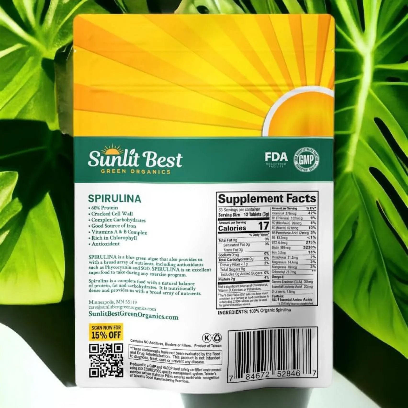 Vegan Sunlit Best Support, - USDA Protein Spirulina Supplements Organic Super High Health & - Tablet Superfood Chlorophyll, Energy Natural Greens for Immune Non 1000 with GMO, Tab Gut & Tablets Drink