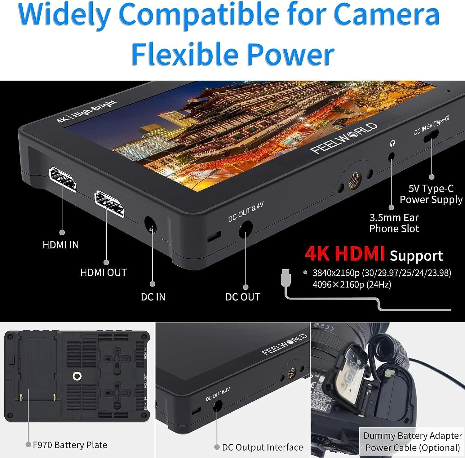 1920x1080 5.5 Inch FHD 4K 3D DSLR with External Camera +Carry Wireless Pro Power Case for F970 Field Monitor F6 LUT Touchscreen HDMI Install Kit 1600nits Transmission +Battery FEELWORLD