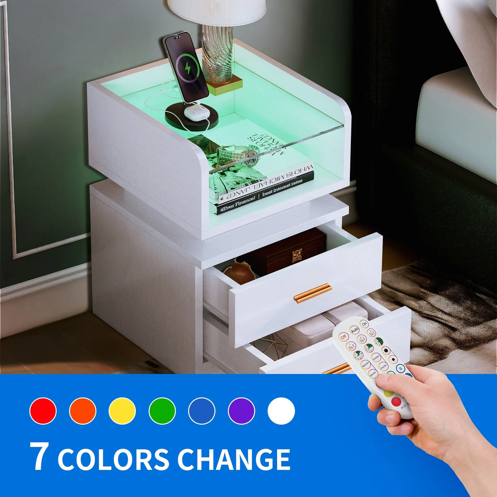 Modern LED Adjustable Dextrus Table Side LED, End Station, White with RGB Charging Nightstand with