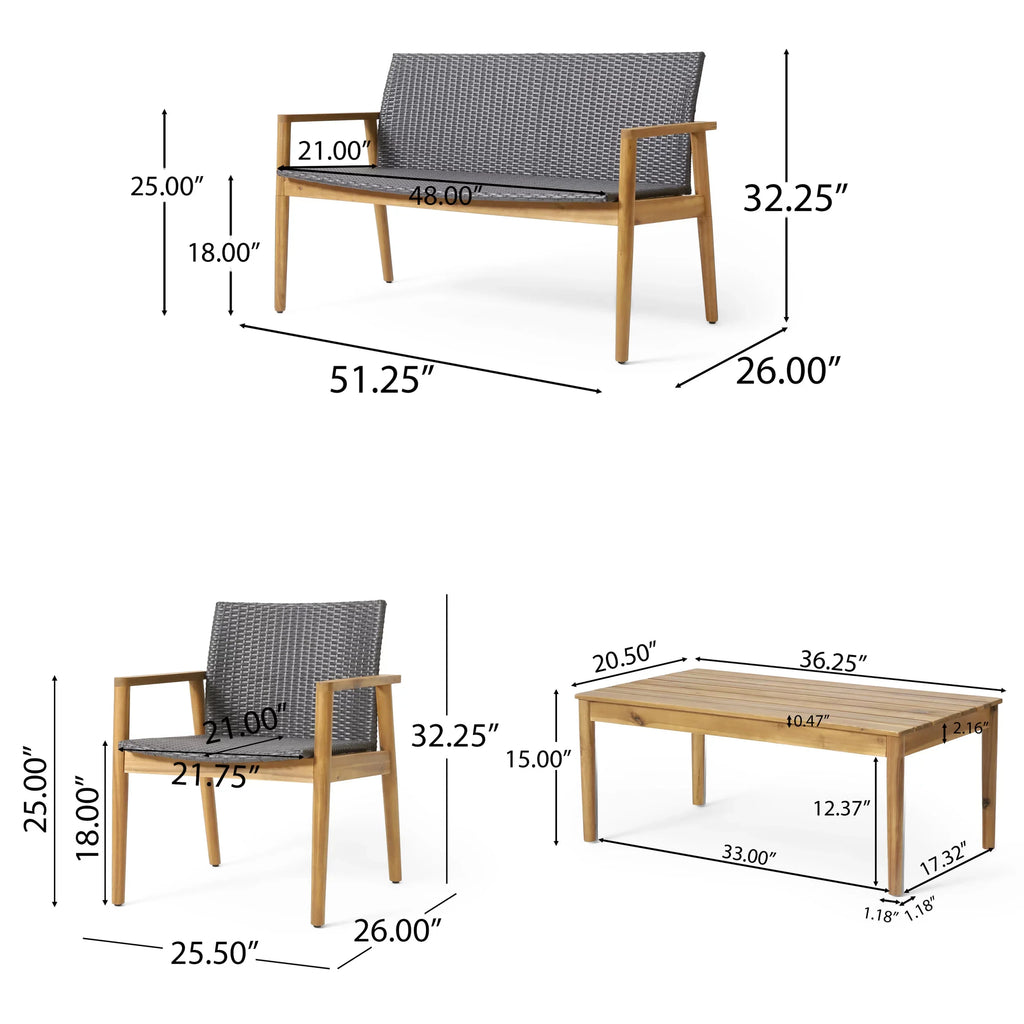 Gray Wicker exterior Acacia Teak and and 4 Wood , Chat Remuda Seater