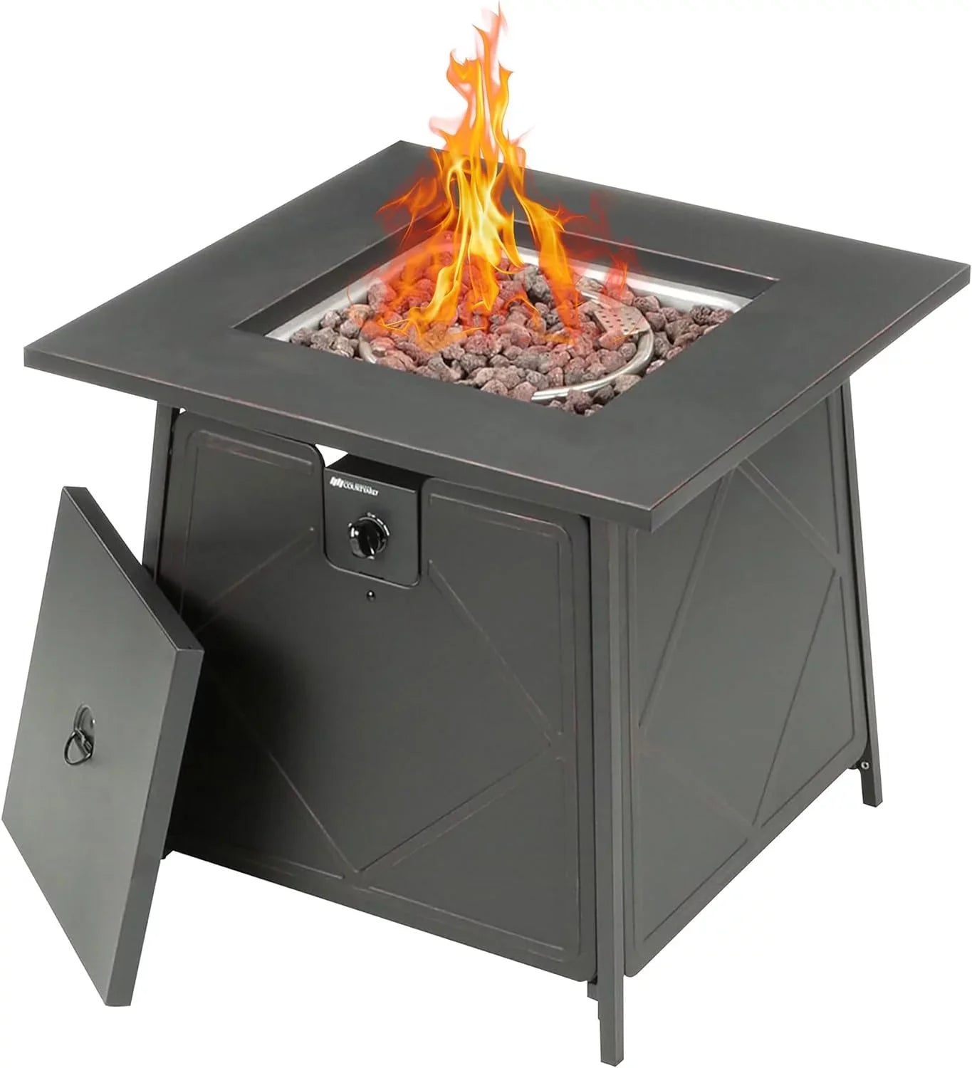 and Pit Cover Backyard 28 Fire exterior Tabletop Lava Lid, Rocks Inch Gas with Black Steel Square Steel