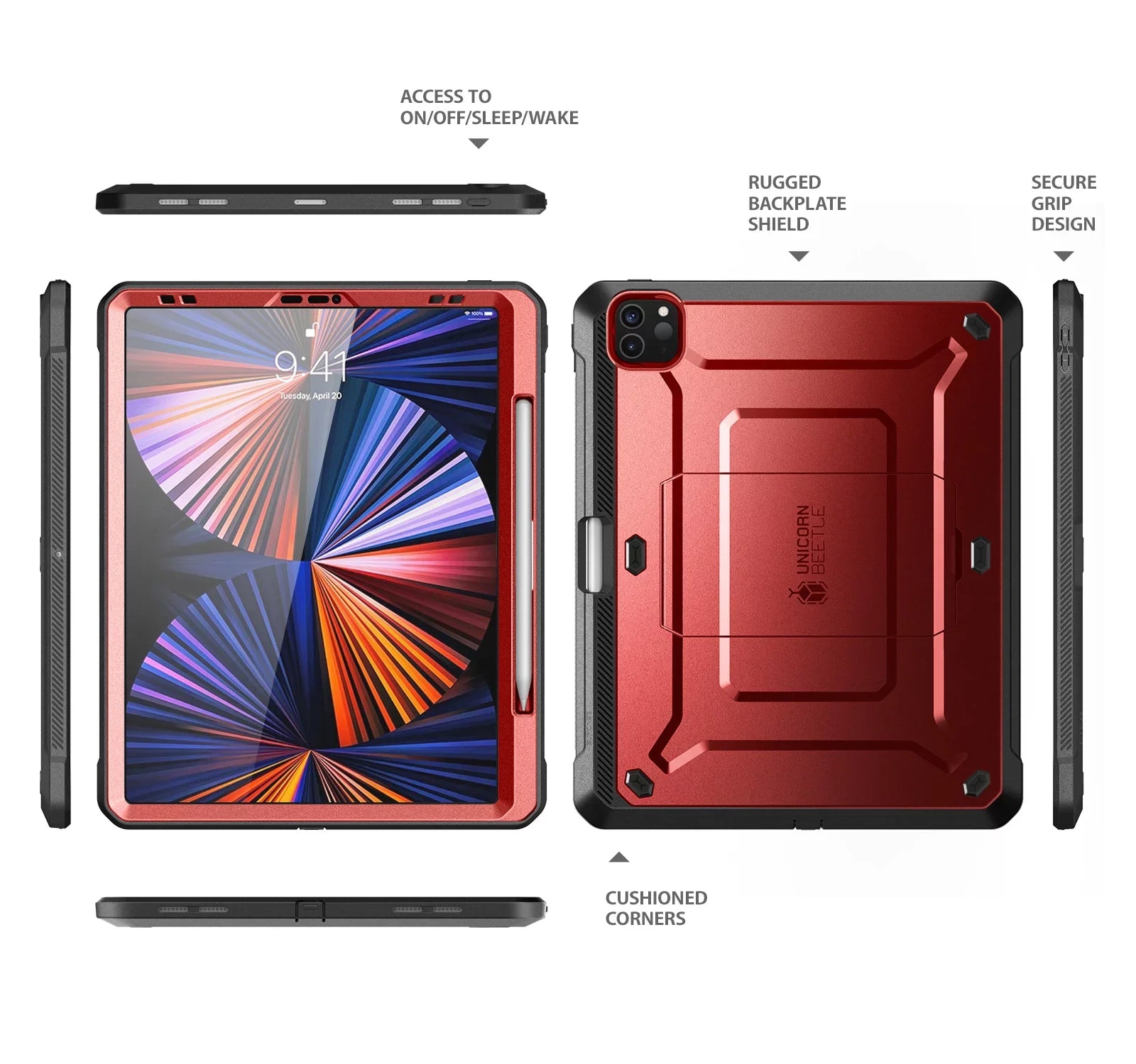 Beetle 12.9 Kickstand Pencil (2021 with SUPCASE Rugged Inch Full-Body (Ruddy) Built-in Support Unicorn Protector iPad Screen 2020), / Charging Case for Series Protective Pro Case Pro