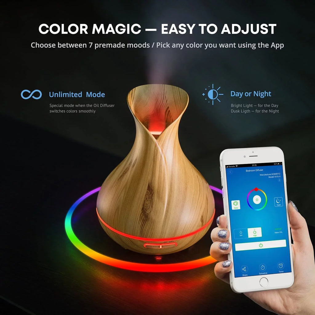 Light Home Essential Modern Sierra Aromatherapy Diffuser 400 Oils, ml and WiFi Humidifier for Smart Wood