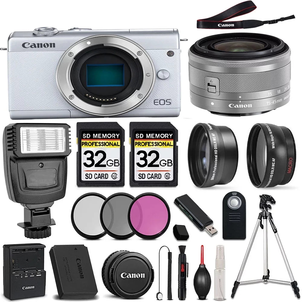 '- 64GB IS EF-S DSLR Camera Lens Version 15-45mm + International - KIT Included 3PC + Canon Canon (White)+ f/3.5-5.6 STM Original M200 Accessories Storage EOS All FILTER
