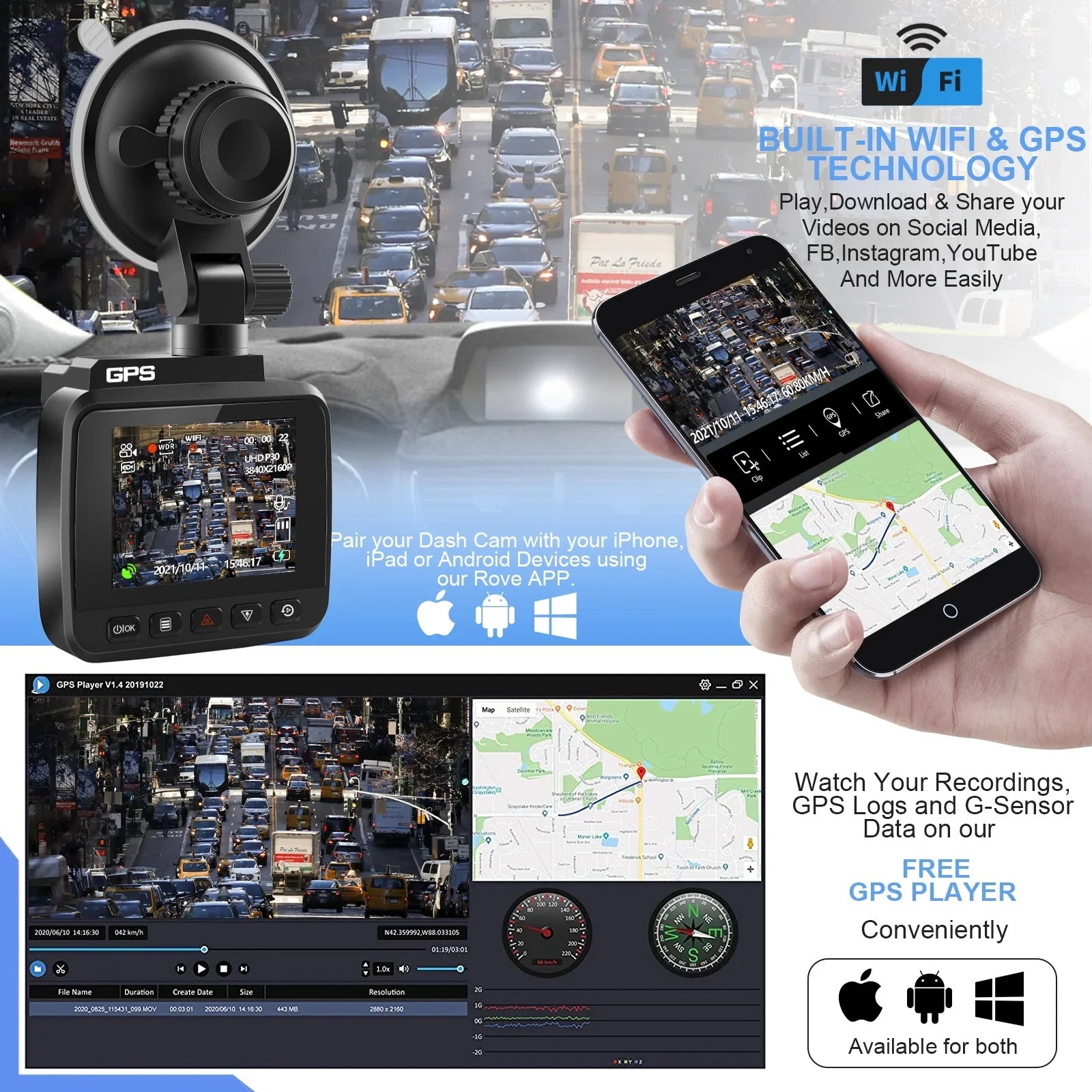 4K Parking Wide and Night Recording, Built-in for Dash & Driving Recorder Cam with Vision, 170° Monitor, Front 2160P Cars, Rear Dash G-Sensor, Camera, WDR, GPS Car WiFi Angle Cam FHD Loop with