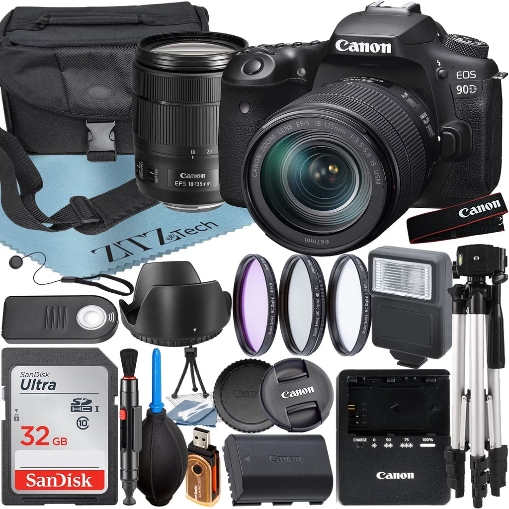 SanDisk with 18-135mm Case Lens 3 Filter Accessory 90D + ZeeTech Pieces DSLR + Card Camera + + Bundle 32GB EOS USM IS Canon Flash +