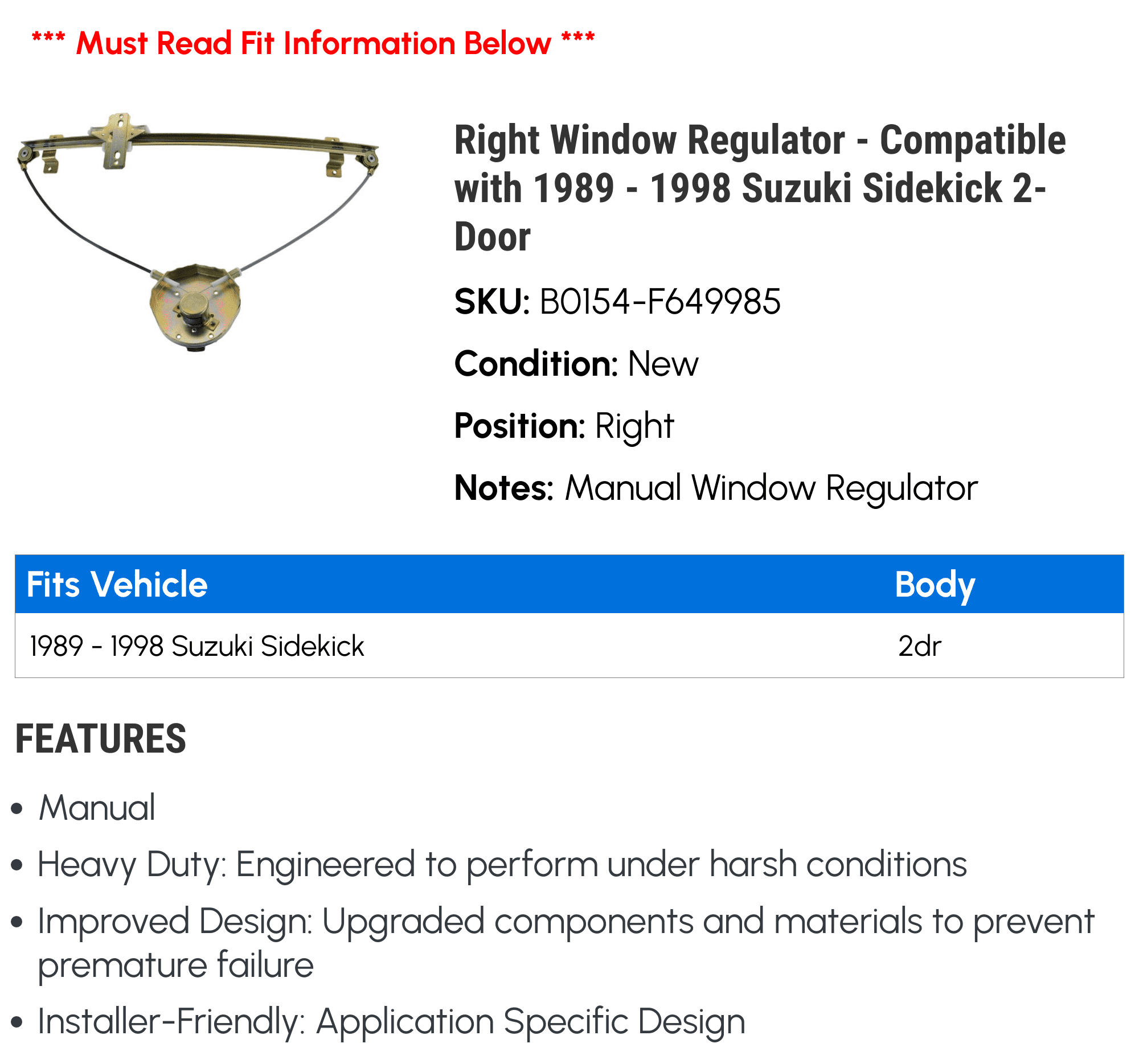Compatible - Sidekick 2-Door 1995 Window 1991 1989 1992 1994 with 1993 Regulator - 1996 Suzuki 1997 1990 1998 Right