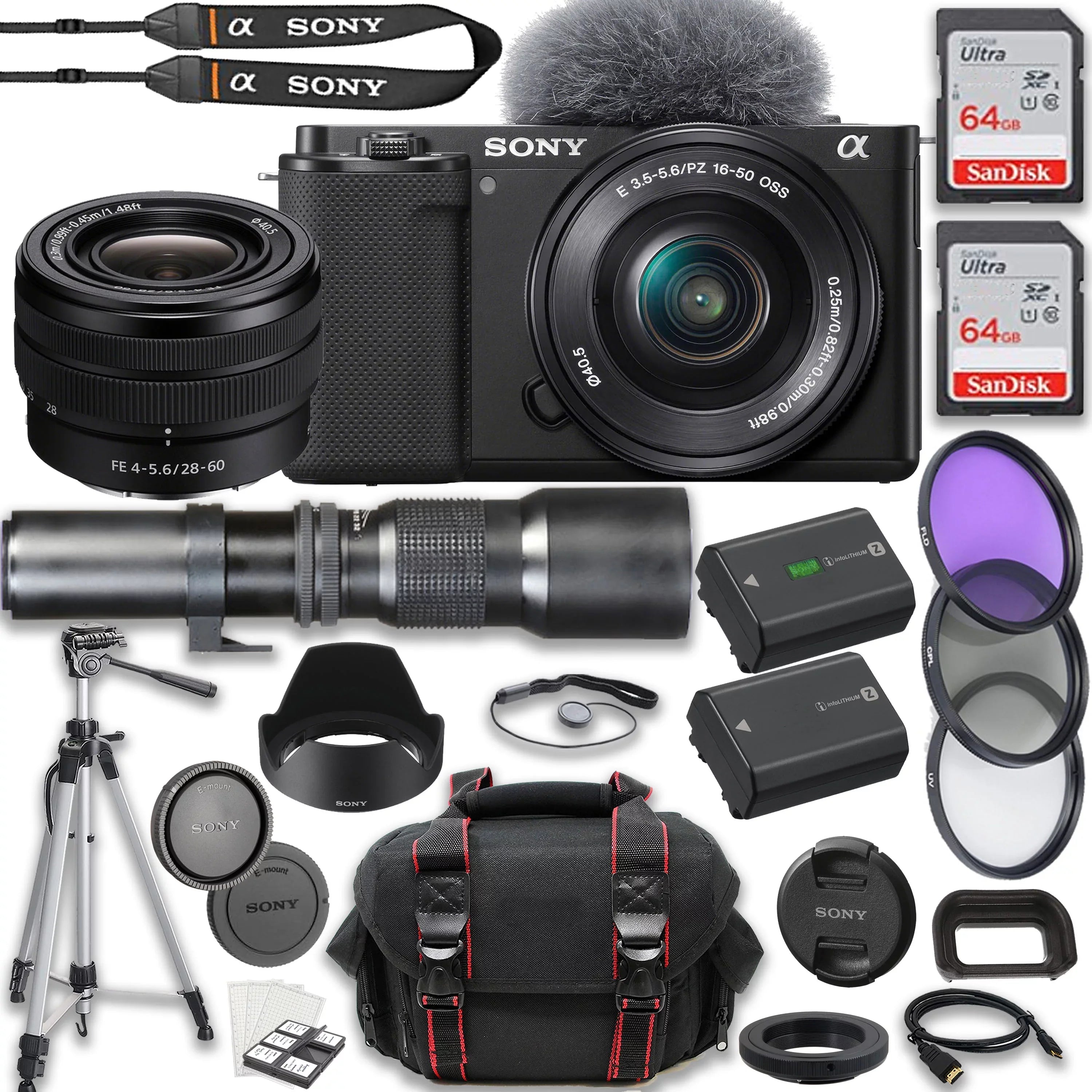 '+ Camera Memory f/8 More ZV-E1 Mirrorless Lenses + Tripod & + 28-60mm Bundle) + 500mm 2X Focus Case + FE f/4-5.6 Lens (25pc 64GB