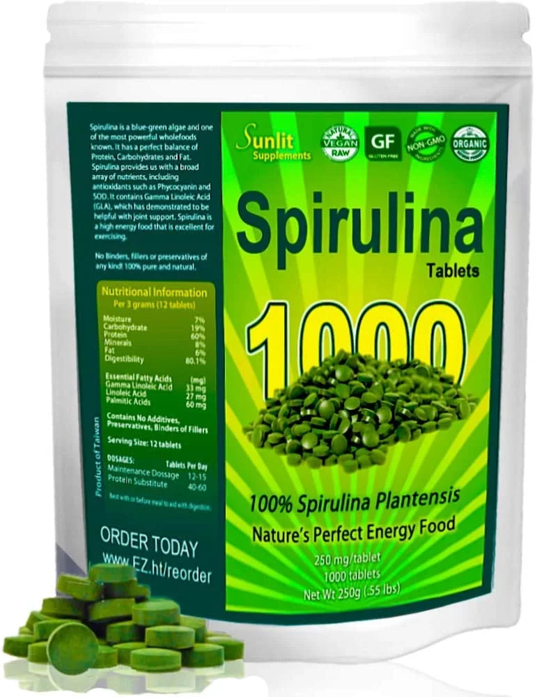 Vegan Sunlit Best Support, - USDA Protein Spirulina Supplements Organic Super High Health & - Tablet Superfood Chlorophyll, Energy Natural Greens for Immune Non 1000 with GMO, Tab Gut & Tablets Drink