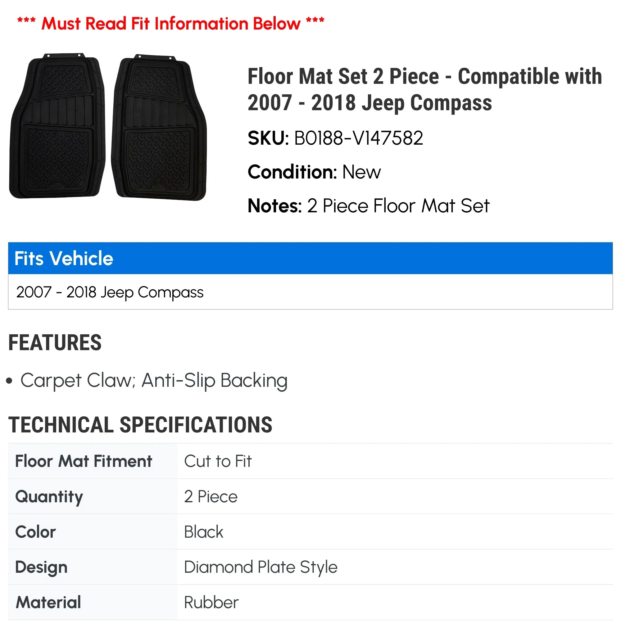2010 2007 Floor Compatible 2016 Set Compass Mat 2013 2008 2018 2017 - Piece - 2011 2 2014 2015 with 2009 2012 Jeep